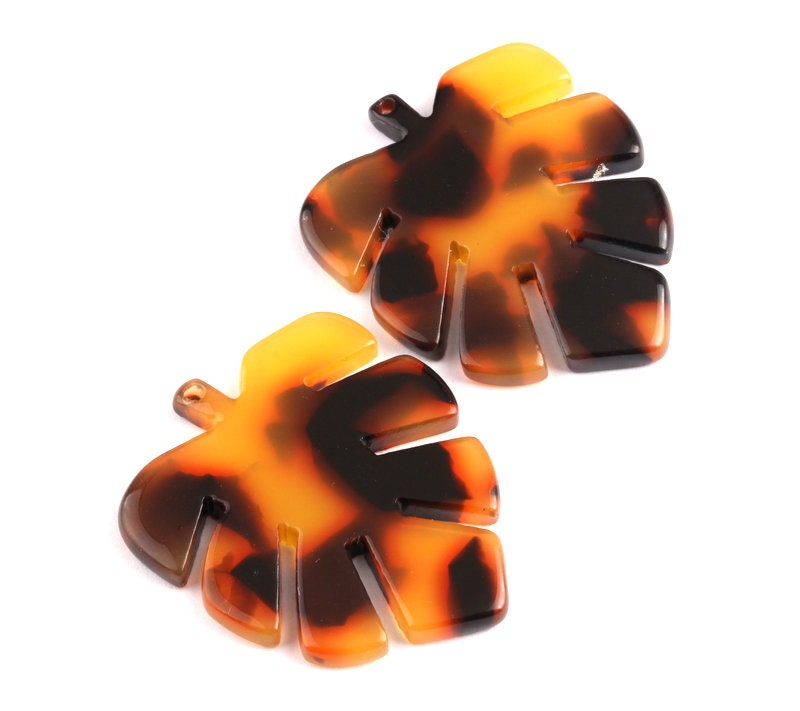 Tortoise Shell Earrings - Acetate Earring Charms - Monstera Leaf Shaped Pendant - Color Code: A01 - 30x24.5x2.57mm - AC1087A - DOMEDBAZAAR