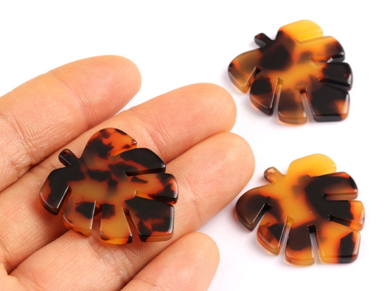 Tortoise Shell Earrings - Acetate Earring Charms - Monstera Leaf Shaped Pendant - Color Code: A01 - 30x24.5x2.57mm - AC1087A - DOMEDBAZAAR