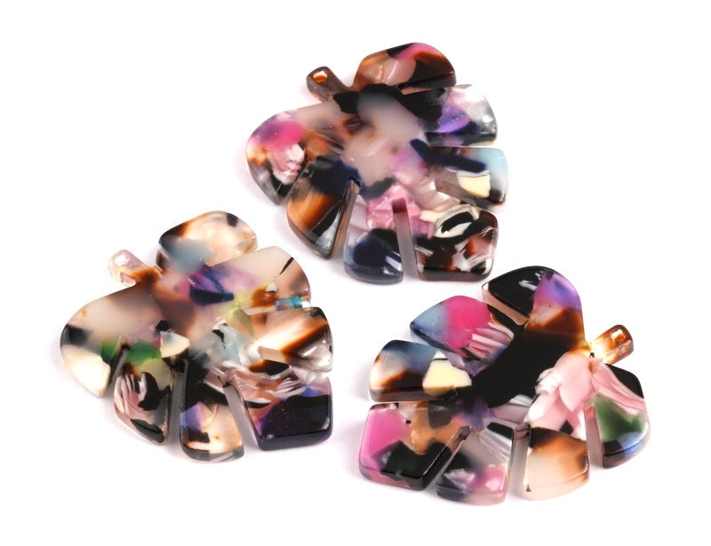 Tortoise Shell Earrings - Acetate Earring Charms - Monstera Leaf Shaped Pendant - Color Code: A61 - 30x24.5x2.57mm - AC1087C - DOMEDBAZAAR