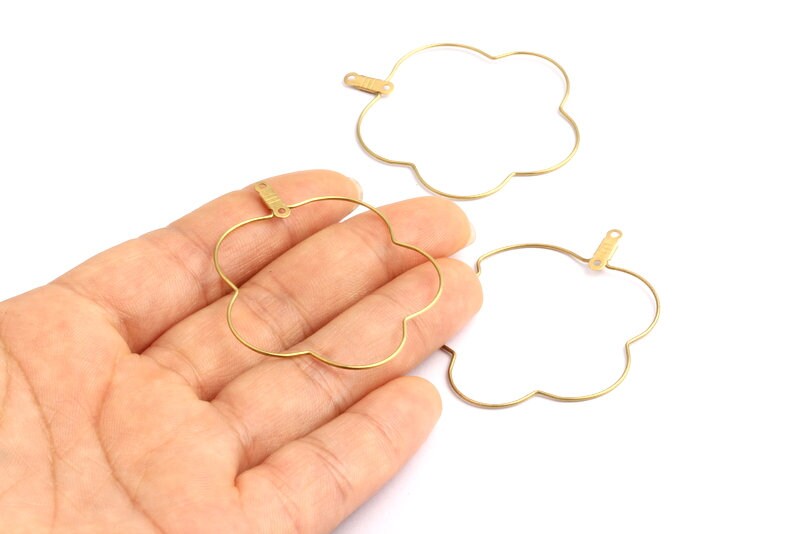 Raw Brass Earring Hoops - Flower Shaped Ear Wire - Geometric Earring Findings - Jewelry Supplies - 46x38.5x0.7mm - PP1364 - DOMEDBAZAAR