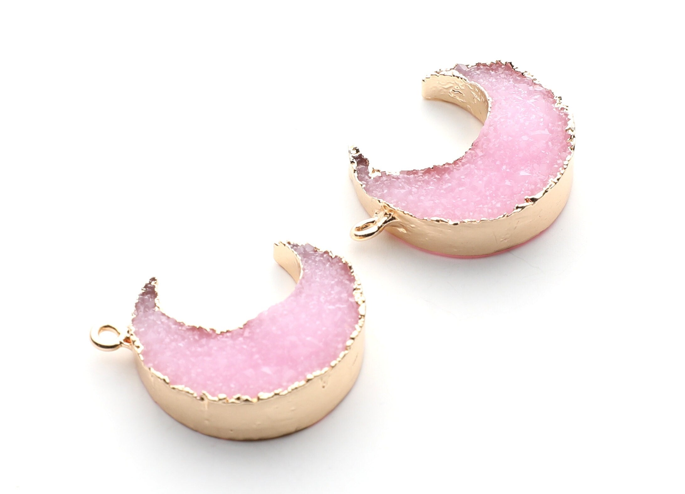 Druzy Earring Charms - Pink Resin Copper Earrings for Right Side - Big Moon Shaped Pendant  - 30.42x22.96x8.36mm - RC1002A - DOMEDBAZAAR