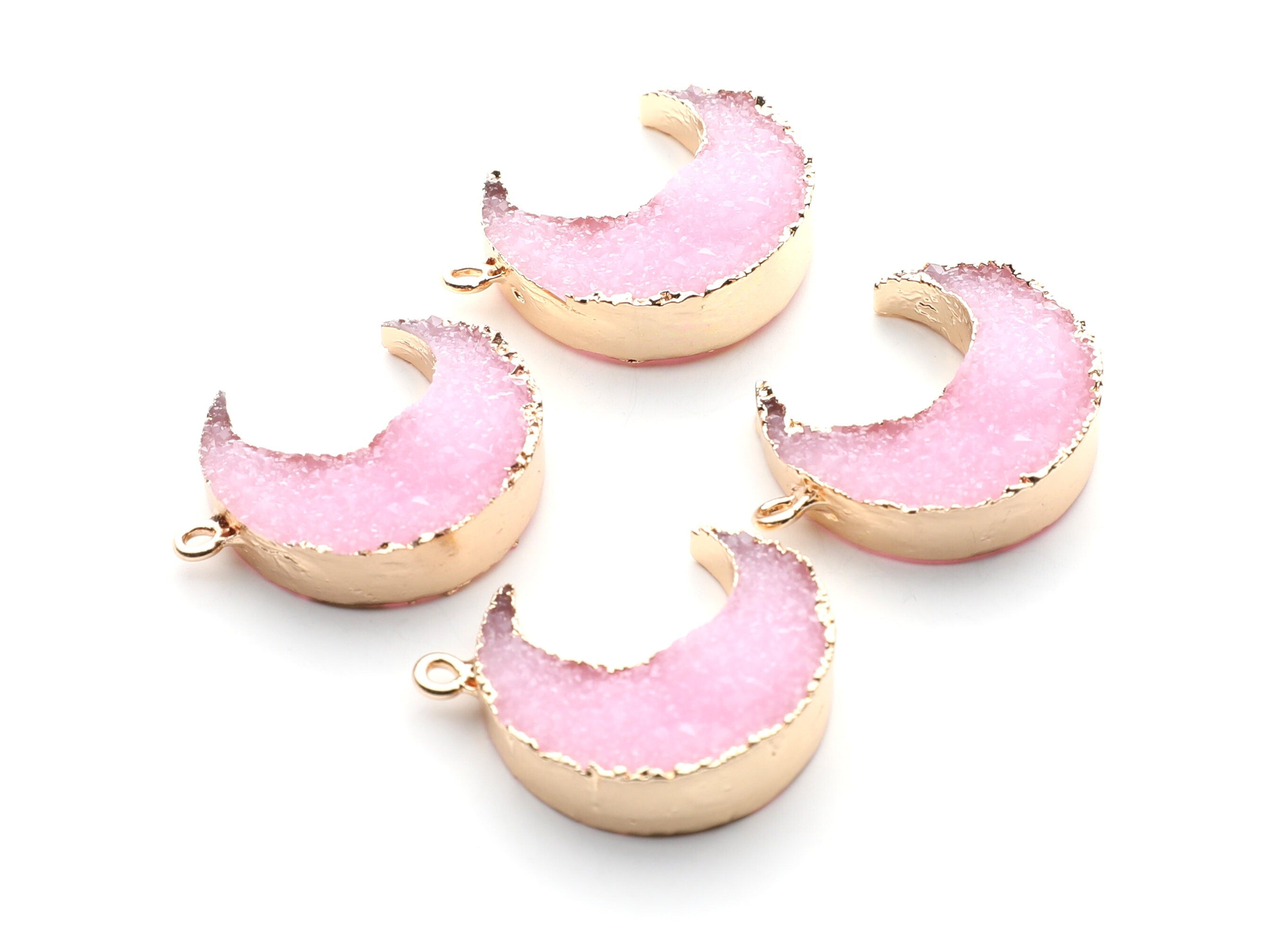 Druzy Earring Charms - Pink Resin Copper Earrings for Right Side - Big Moon Shaped Pendant  - 30.42x22.96x8.36mm - RC1002A - DOMEDBAZAAR