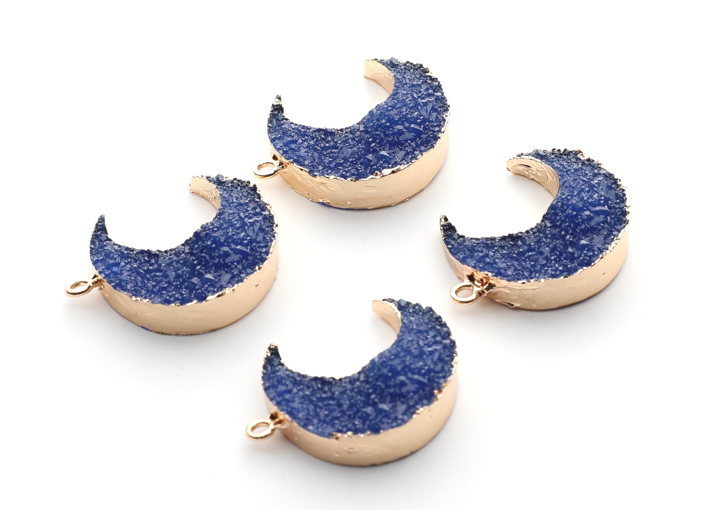 Druzy Earring Charms - Dark Blue Resin Copper Earrings for Right Side - Big Moon Shaped Pendant  - 30.42x22.96x8.36mm - RC1002F - DOMEDBAZAAR