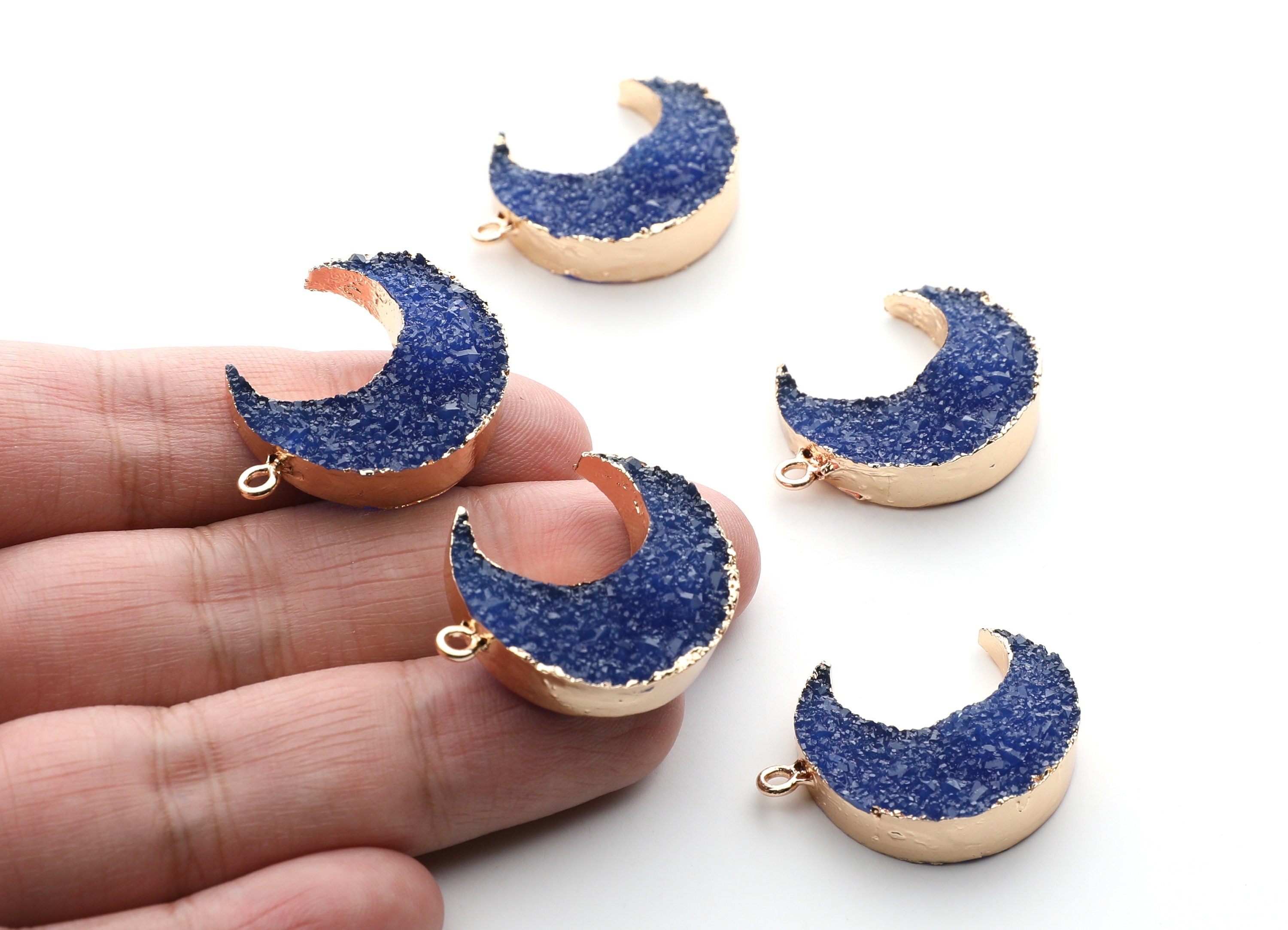 Druzy Earring Charms - Dark Blue Resin Copper Earrings for Right Side - Big Moon Shaped Pendant  - 30.42x22.96x8.36mm - RC1002F - DOMEDBAZAAR