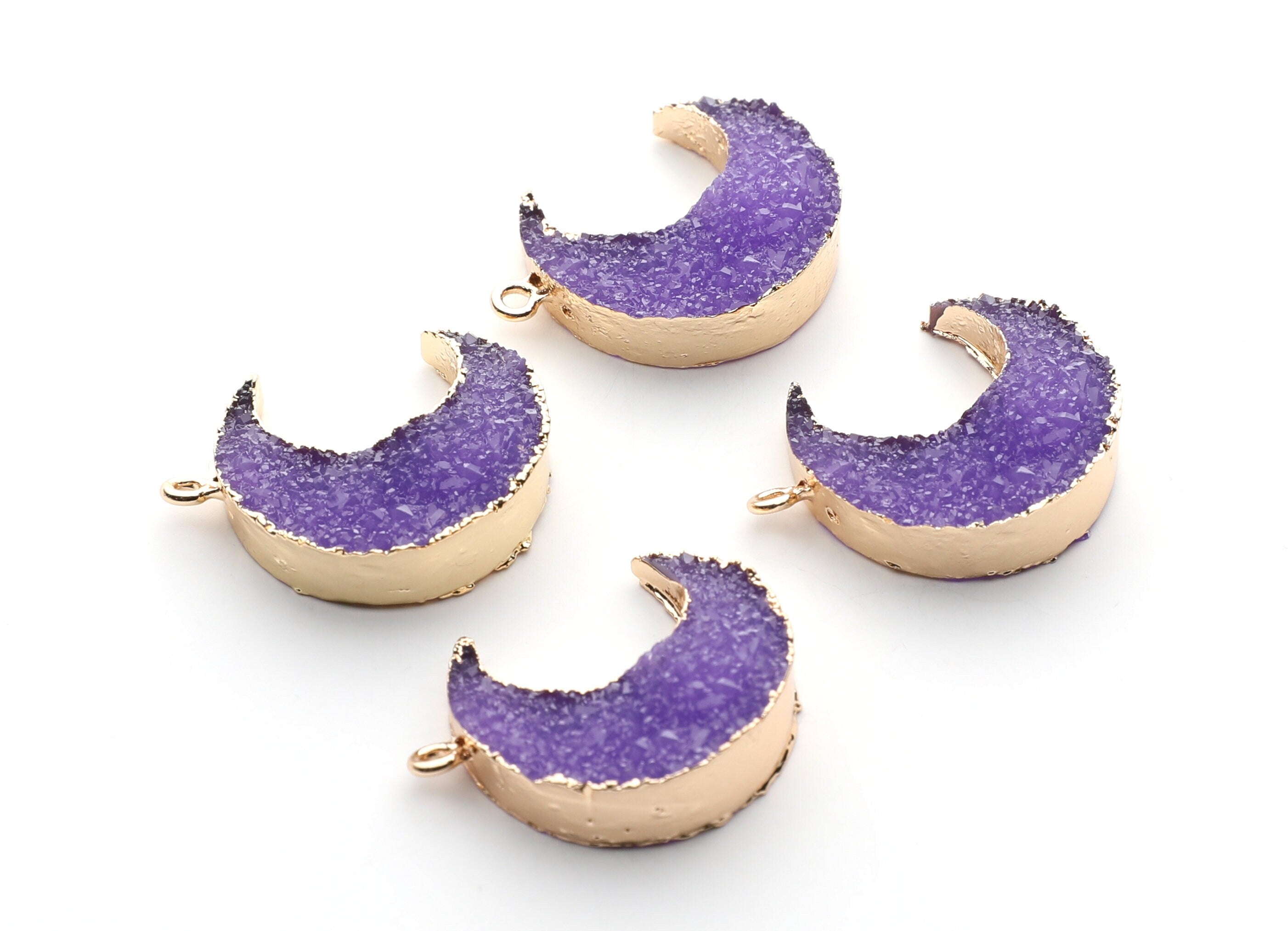 Druzy Earring Charms - Purple Resin Copper Earrings for Right Side - Big Moon Shaped Pendant  - 30.42x22.96x8.36mm - RC1002H - DOMEDBAZAAR
