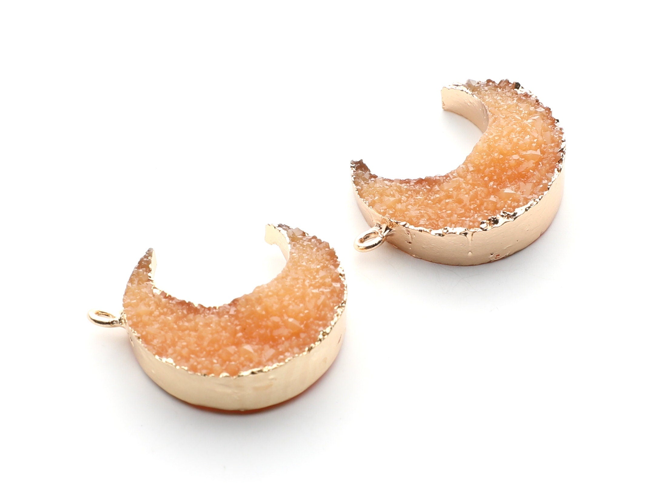 Druzy Earring Charms - Orange Resin Copper Earrings for Right Side - Big Moon Shaped Pendant  - 30.42x22.96x8.36mm - RC1002O - DOMEDBAZAAR