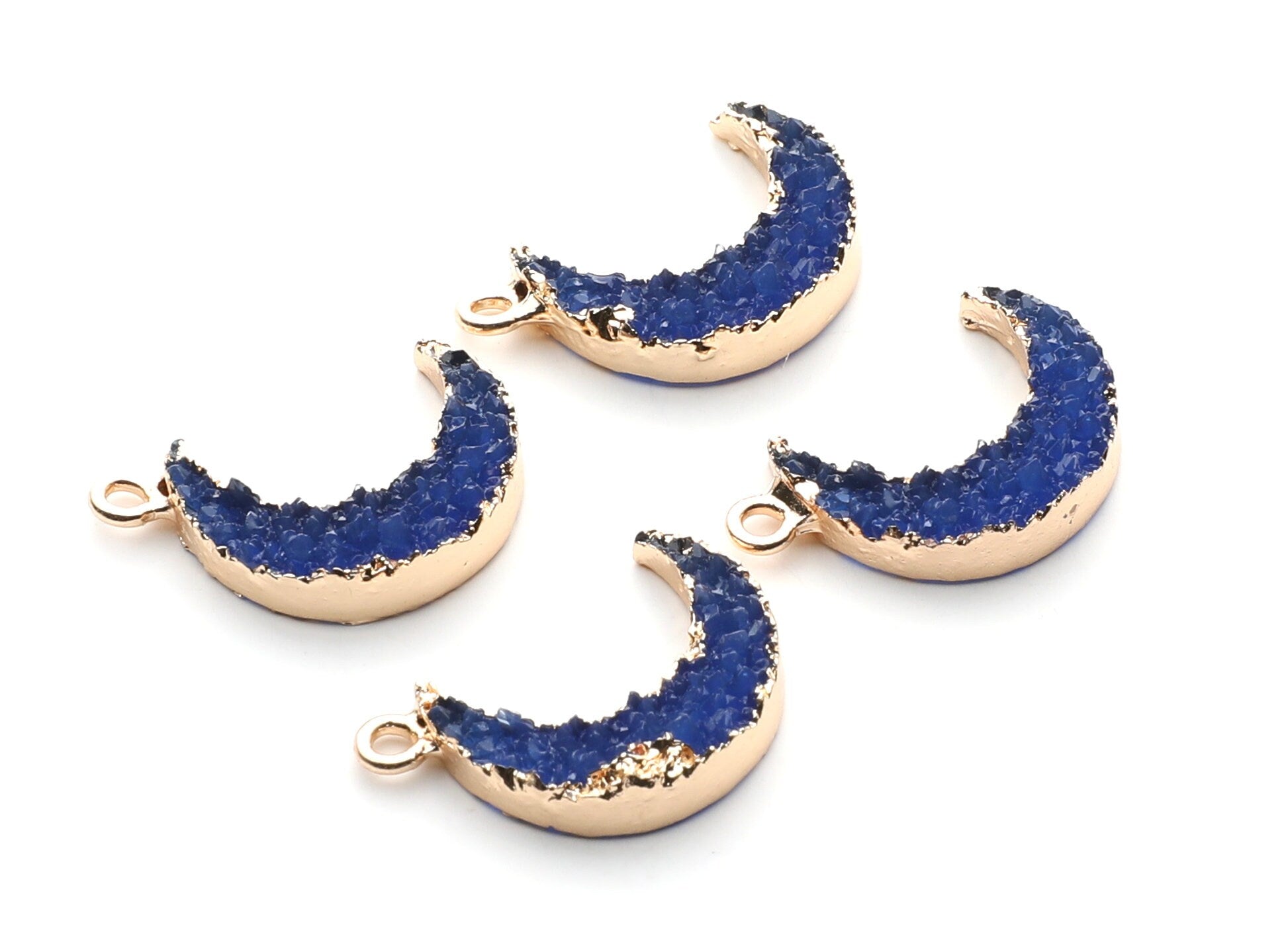 Druzy Earring Charms - Dark Blue Resin Copper Earrings for Right Side - Moon Shaped Pendant  - 24.34x15.92x5.14mm - RC1007B - DOMEDBAZAAR