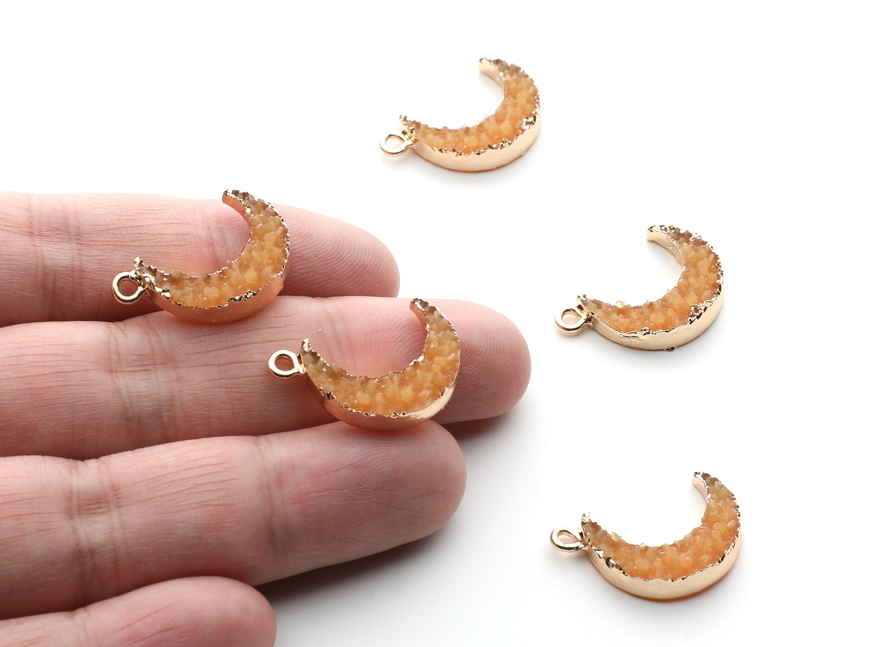 Druzy Earring Charms - Orange Resin Copper Earrings for Right Side - Moon Shaped Pendant  - 24.34x15.92x5.14mm - RC1007F - DOMEDBAZAAR