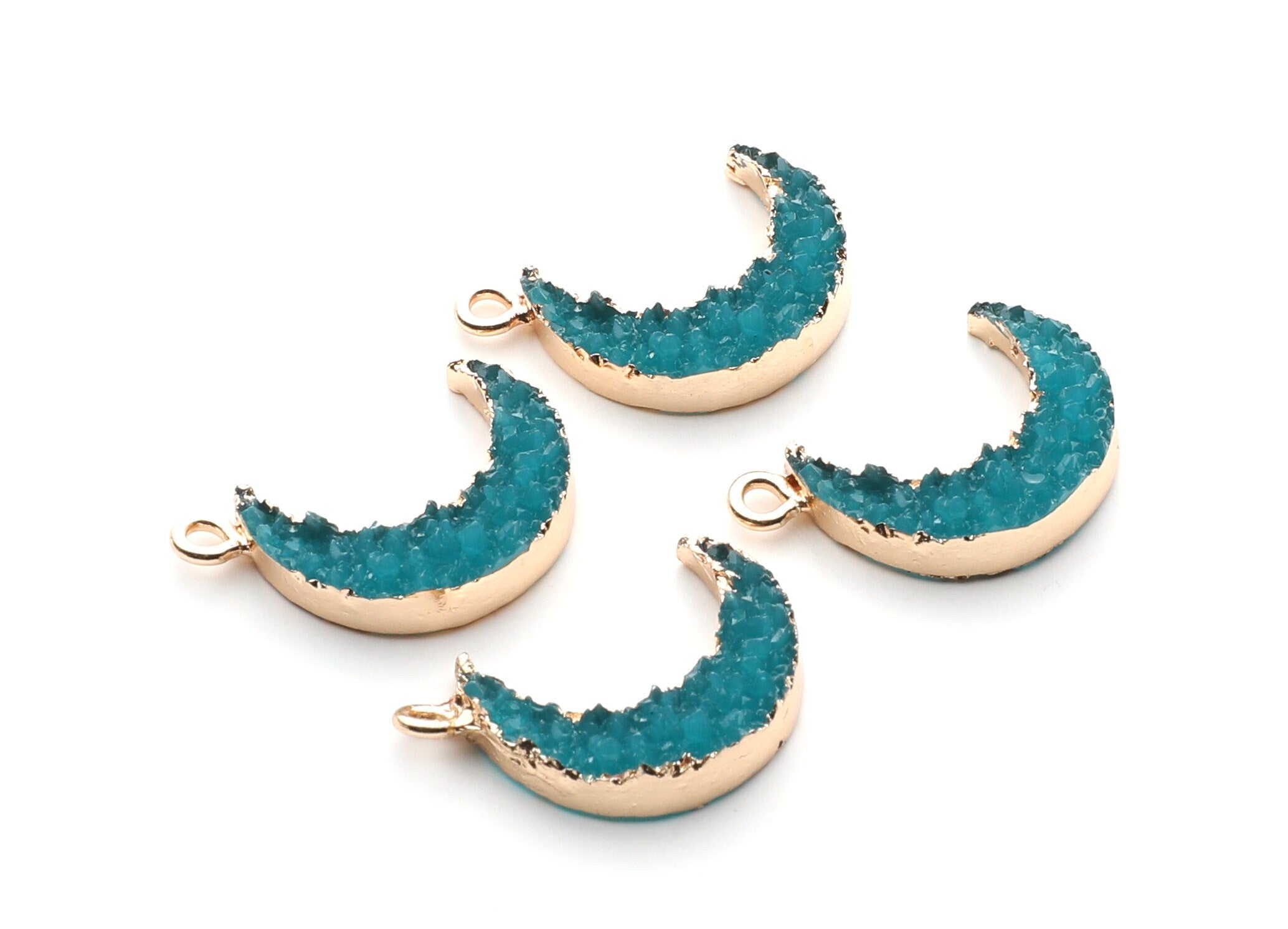 Druzy Earring Charms - Light Blue Resin Copper Earrings for Right Side - Moon Shaped Pendant  - 24.34x15.92x5.14mm - RC1007D - DOMEDBAZAAR