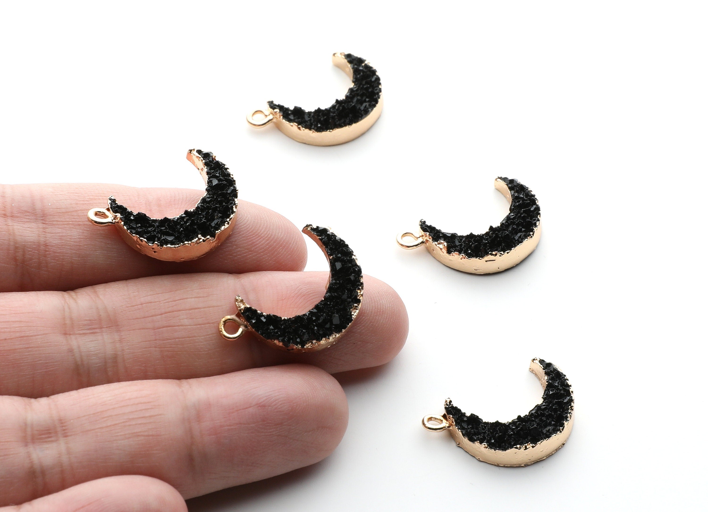 Druzy Earring Charms - Black Resin Copper Earrings for Right Side - Moon Shaped Pendant  - 24.34x15.92x5.14mm - RC1007M - DOMEDBAZAAR