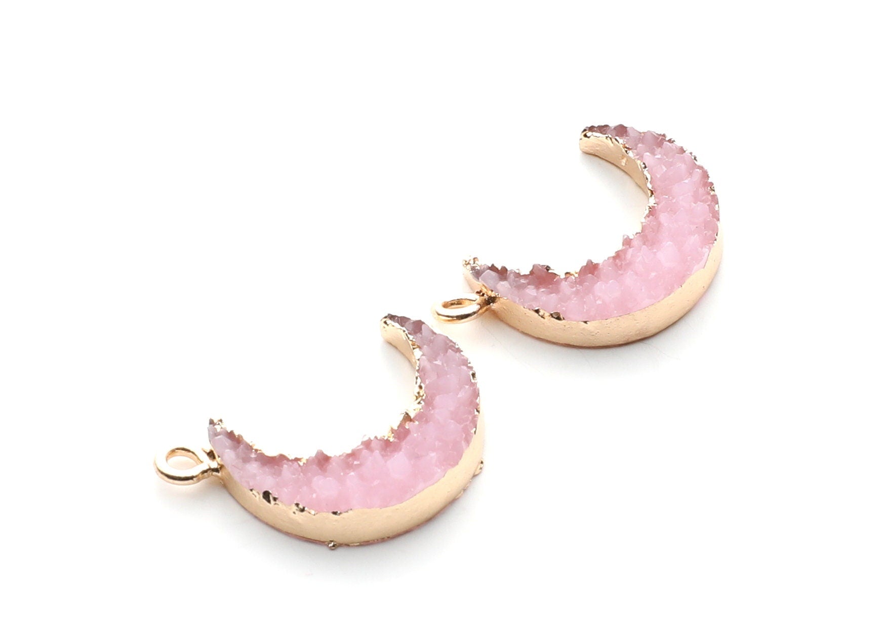 Druzy Earring Charms - Light Pink Resin Copper Earrings for Right Side - Moon Shaped Pendant  - 24.34x15.92x5.14mm - RC1007L - DOMEDBAZAAR