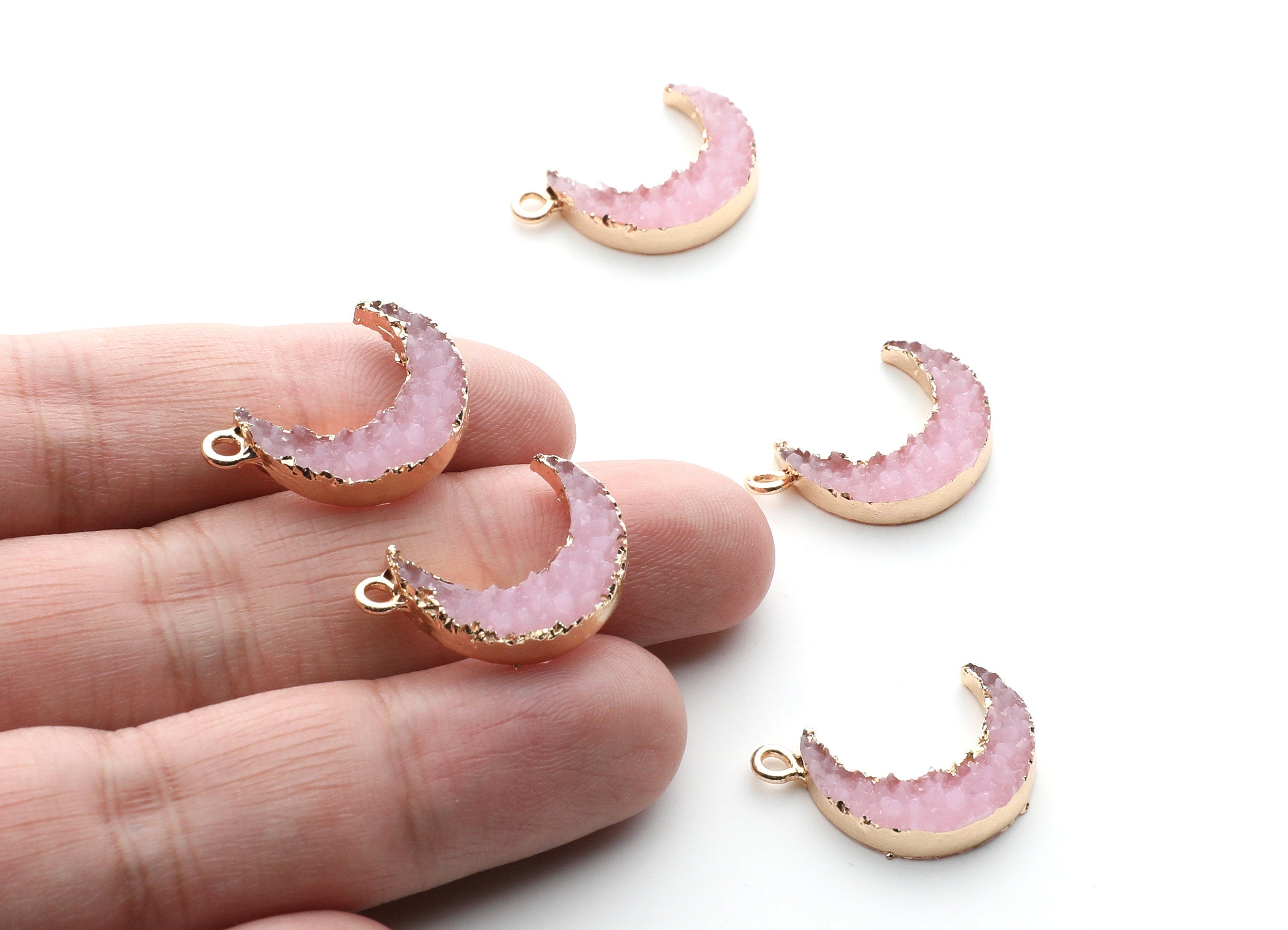 Druzy Earring Charms - Light Pink Resin Copper Earrings for Right Side - Moon Shaped Pendant  - 24.34x15.92x5.14mm - RC1007L - DOMEDBAZAAR