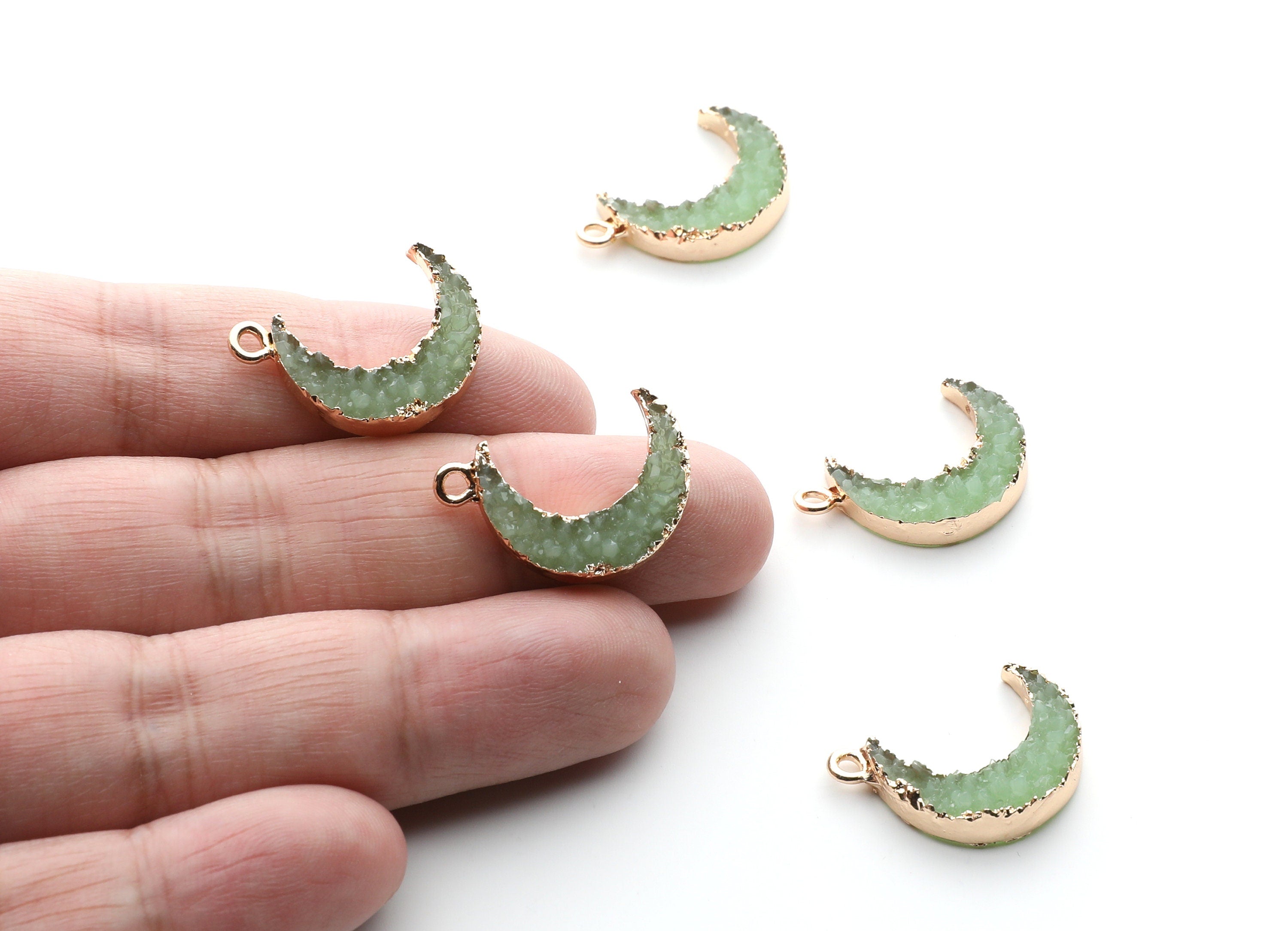 Druzy Earring Charms - Light Green Resin Copper Earrings for Right Side - Moon Shaped Pendant  - 24.34x15.92x5.14mm - RC1007K - DOMEDBAZAAR