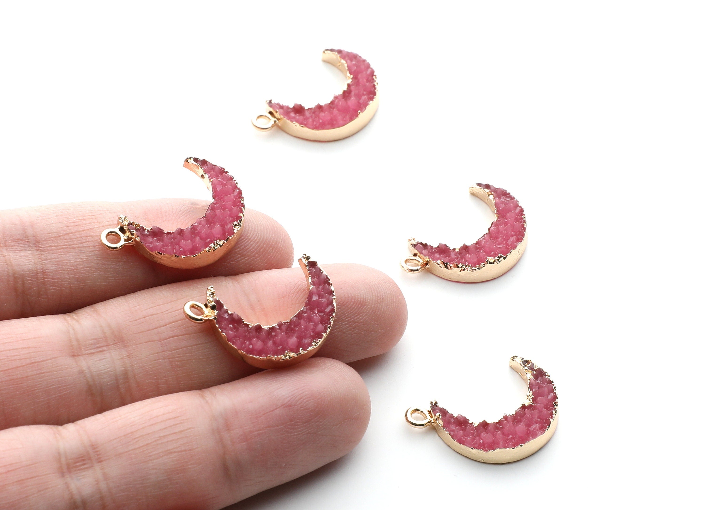 Druzy Earring Charms - Pink Resin Copper Earrings for Right Side - Moon Shaped Pendant  - 24.34x15.92x5.14mm - RC1007J - DOMEDBAZAAR
