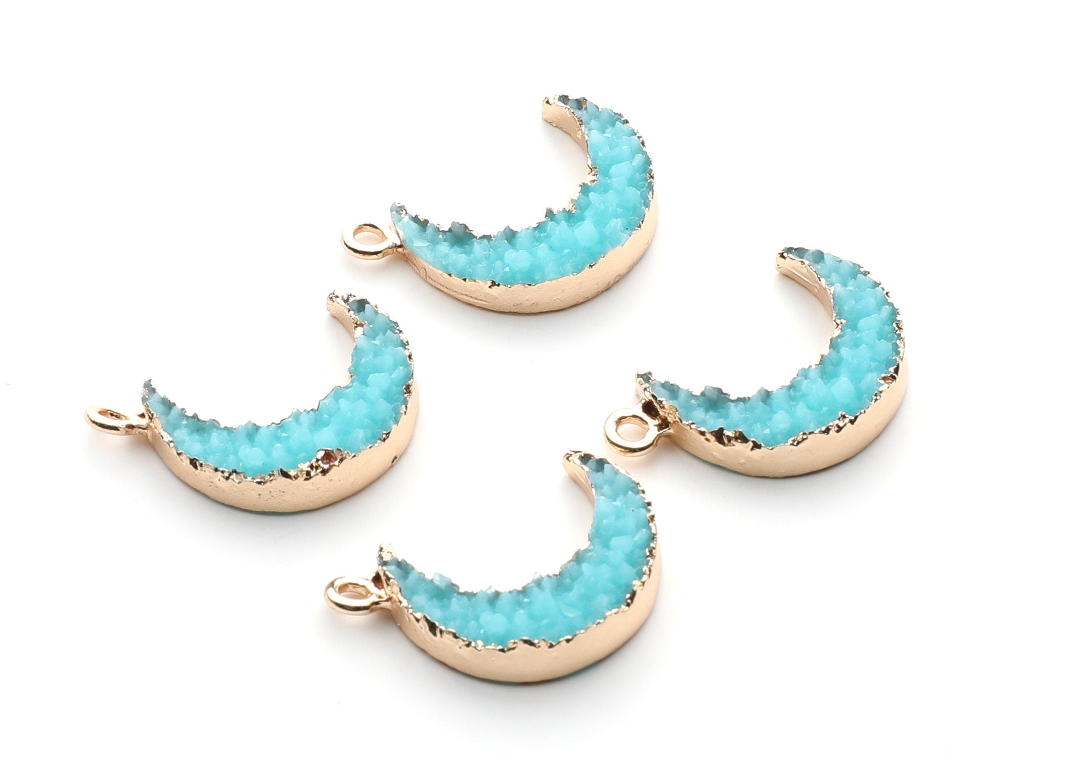 Druzy Earring Charms - Light Blue Resin Copper Earrings for Right Side - Moon Shaped Pendant  - 24.34x15.92x5.14mm - RC1007P - DOMEDBAZAAR