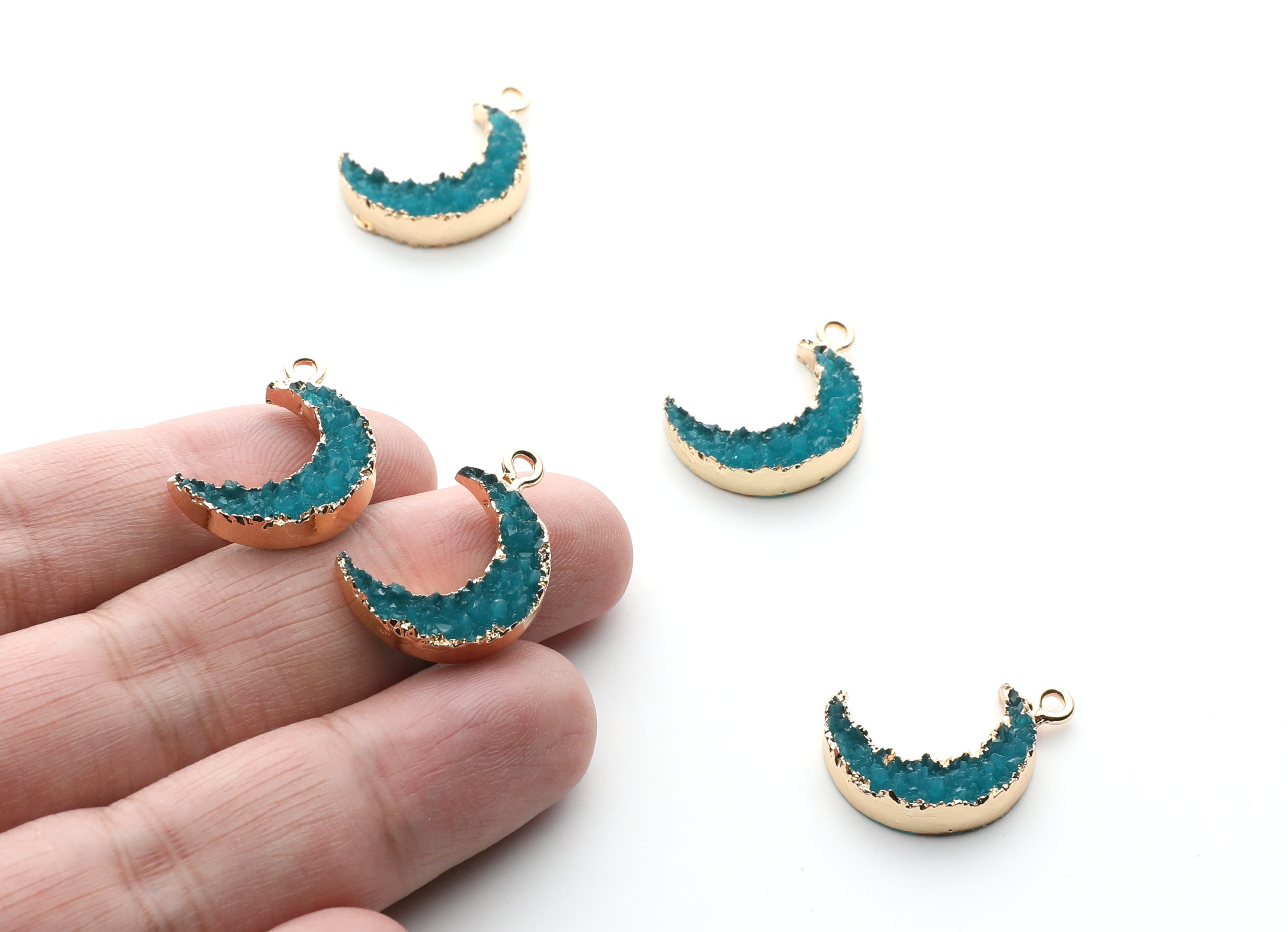 Druzy Earring Charms - Light Blue Resin Copper Earrings for Left Side - Moon Shaped Pendant  - 23.5x15.6x5.27mm - RC1006E - DOMEDBAZAAR