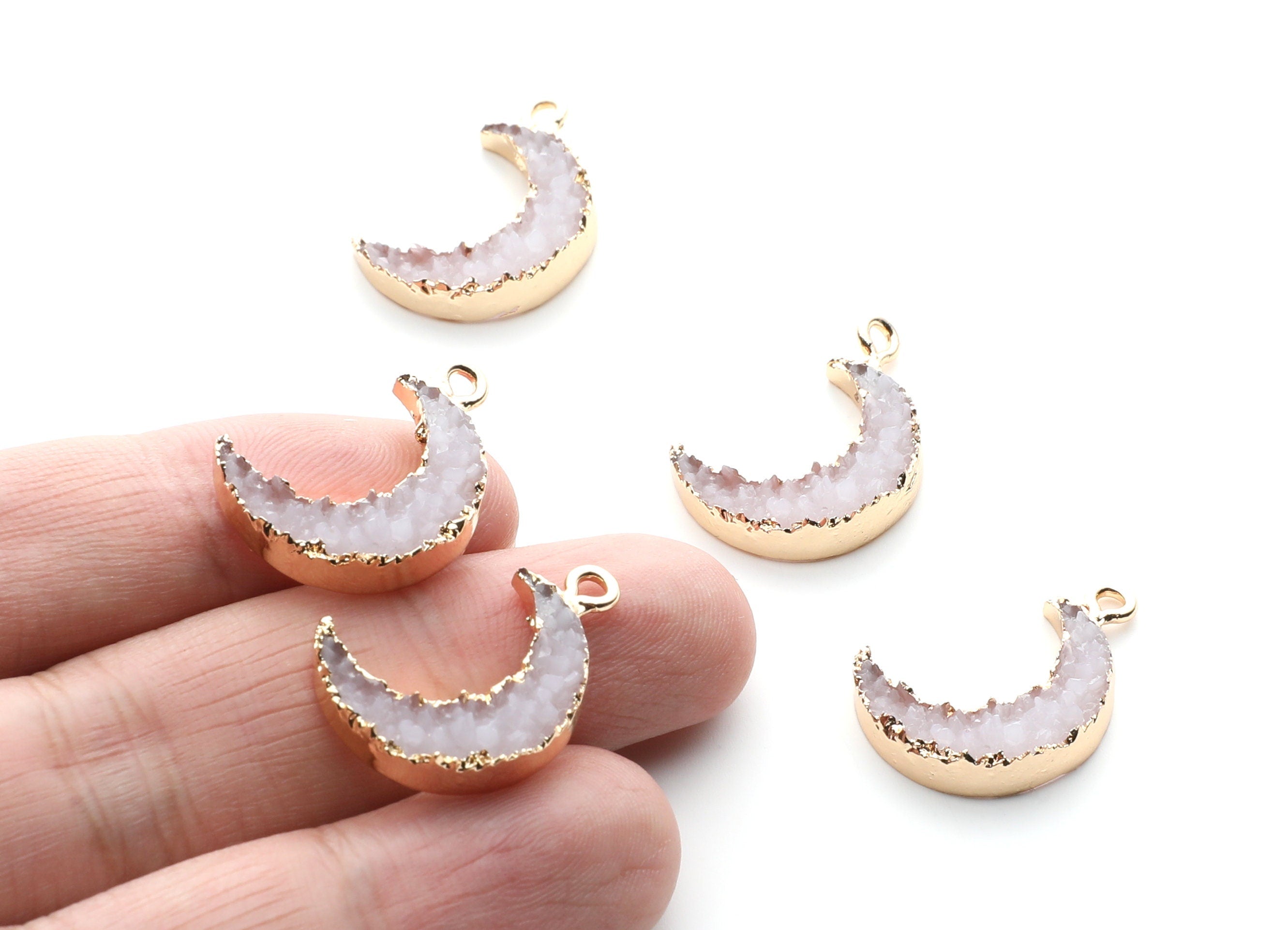 Druzy Earring Charms - White Resin Copper Earrings for Left Side - Moon Shaped Pendant  - 23.5x15.6x5.27mm - RC1006M - DOMEDBAZAAR