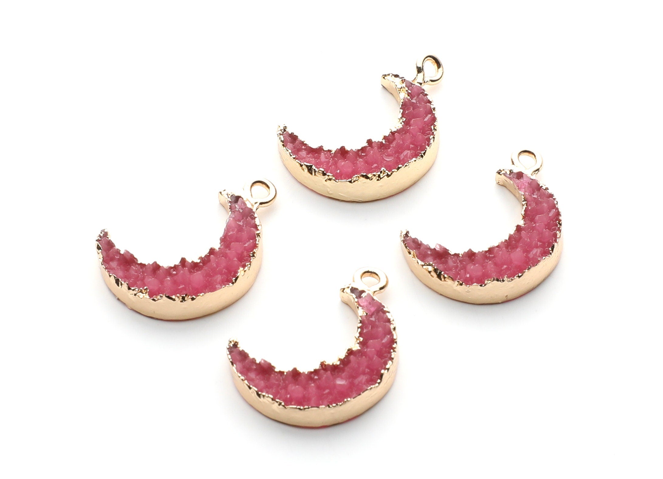 Druzy Earring Charms - Dark Pink Resin Copper Earrings for Left Side - Moon Shaped Pendant  - 23.5x15.6x5.27mm - RC1006K - DOMEDBAZAAR