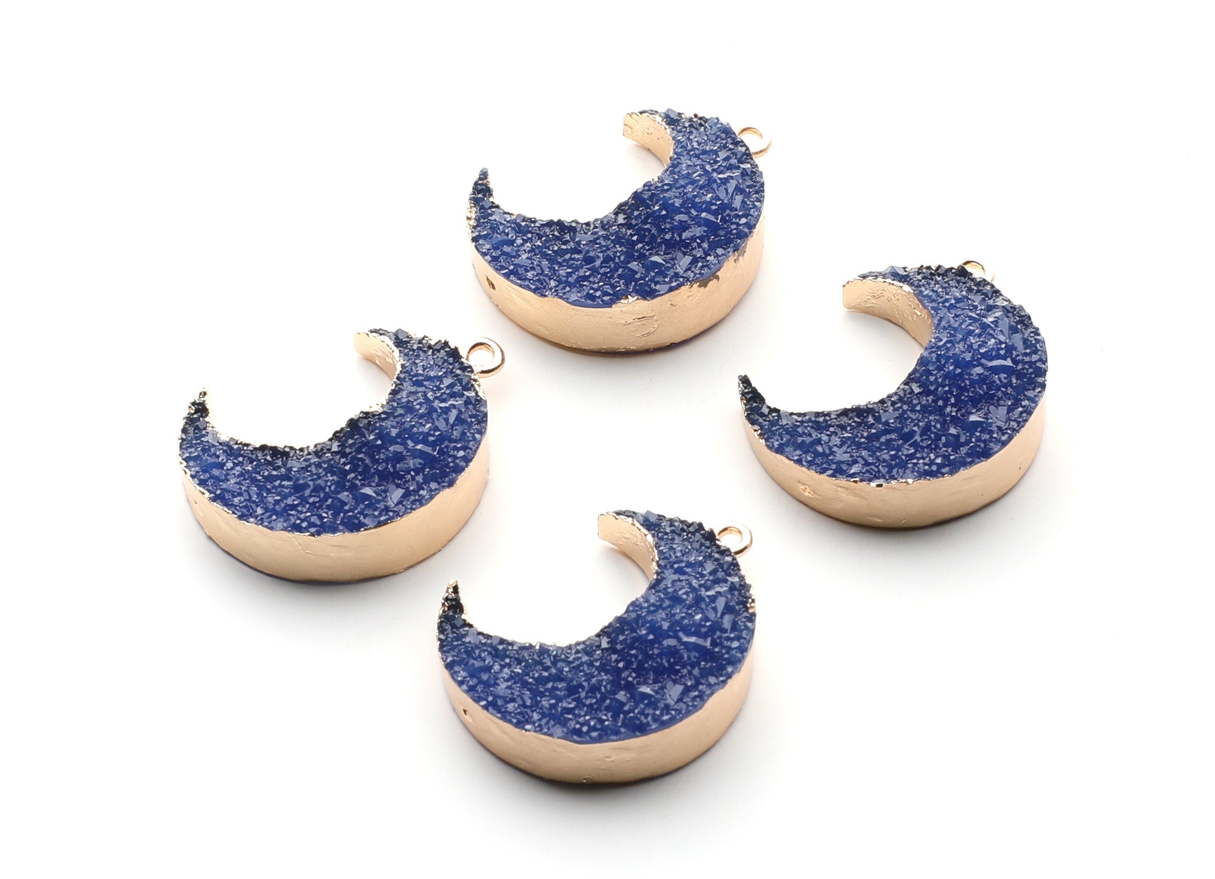 Druzy Earring Charms - Dark Blue Resin Copper Earrings for Left Side - Big Moon Shaped Pendant  - 30.42x22.96x8.36mm - RC1004A - DOMEDBAZAAR