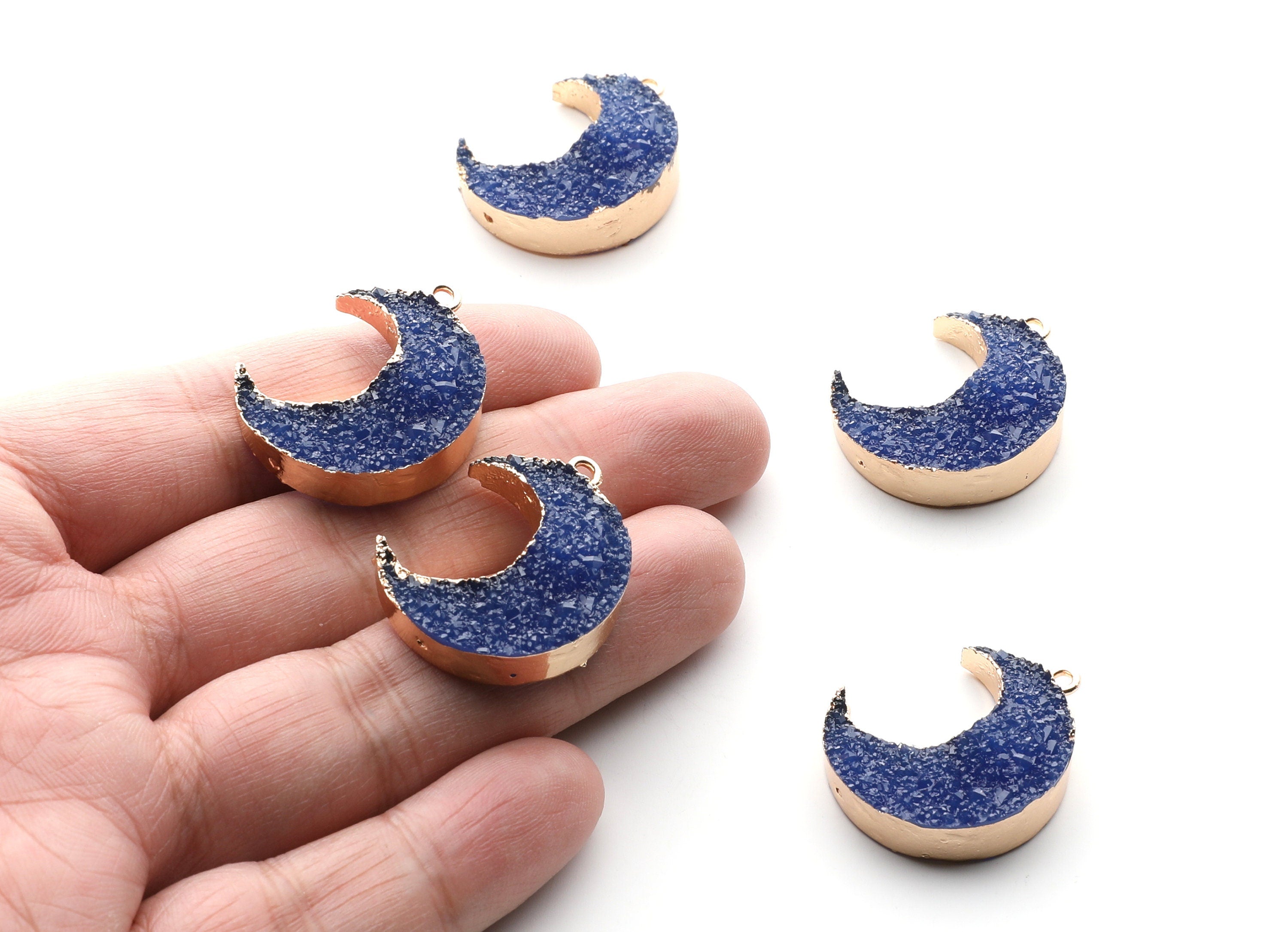 Druzy Earring Charms - Dark Blue Resin Copper Earrings for Left Side - Big Moon Shaped Pendant  - 30.42x22.96x8.36mm - RC1004A - DOMEDBAZAAR