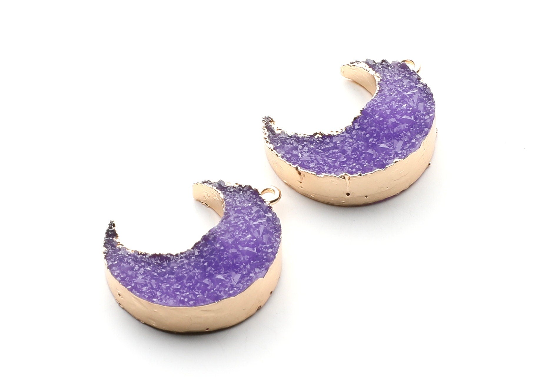 Druzy Earring Charms - Purple Resin Copper Earrings for Left Side - Big Moon Shaped Pendant  - 30.42x22.96x8.36mm - RC1004D - DOMEDBAZAAR