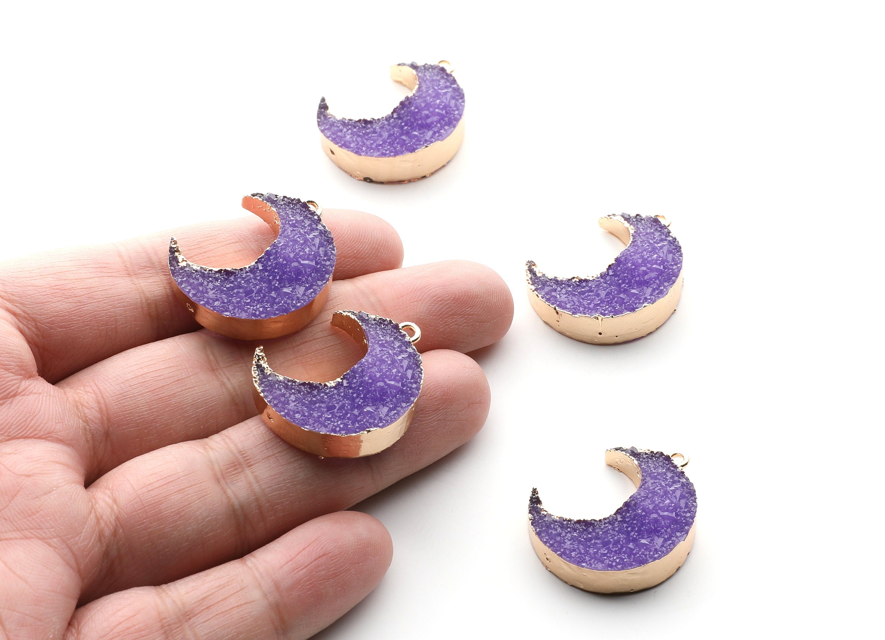 Druzy Earring Charms - Purple Resin Copper Earrings for Left Side - Big Moon Shaped Pendant  - 30.42x22.96x8.36mm - RC1004D - DOMEDBAZAAR