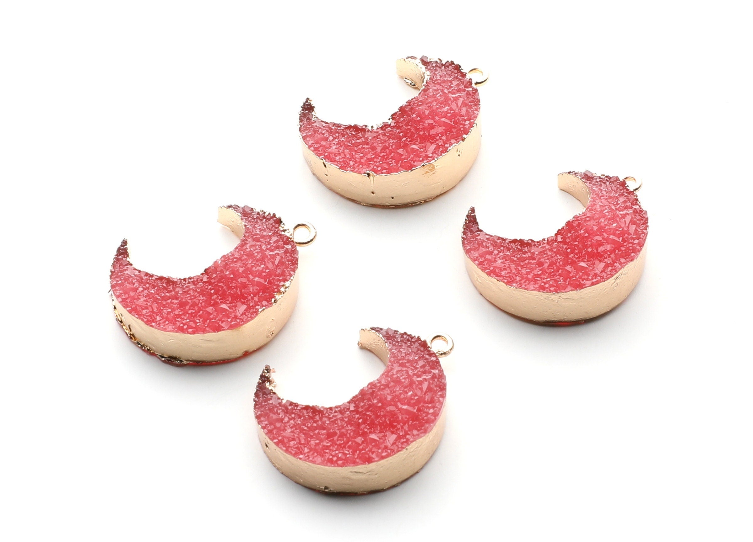 Druzy Earring Charms - Dark Pink Resin Copper Earrings for Left Side - Big Moon Shaped Pendant  - 30.42x22.96x8.36mm - RC1004N - DOMEDBAZAAR