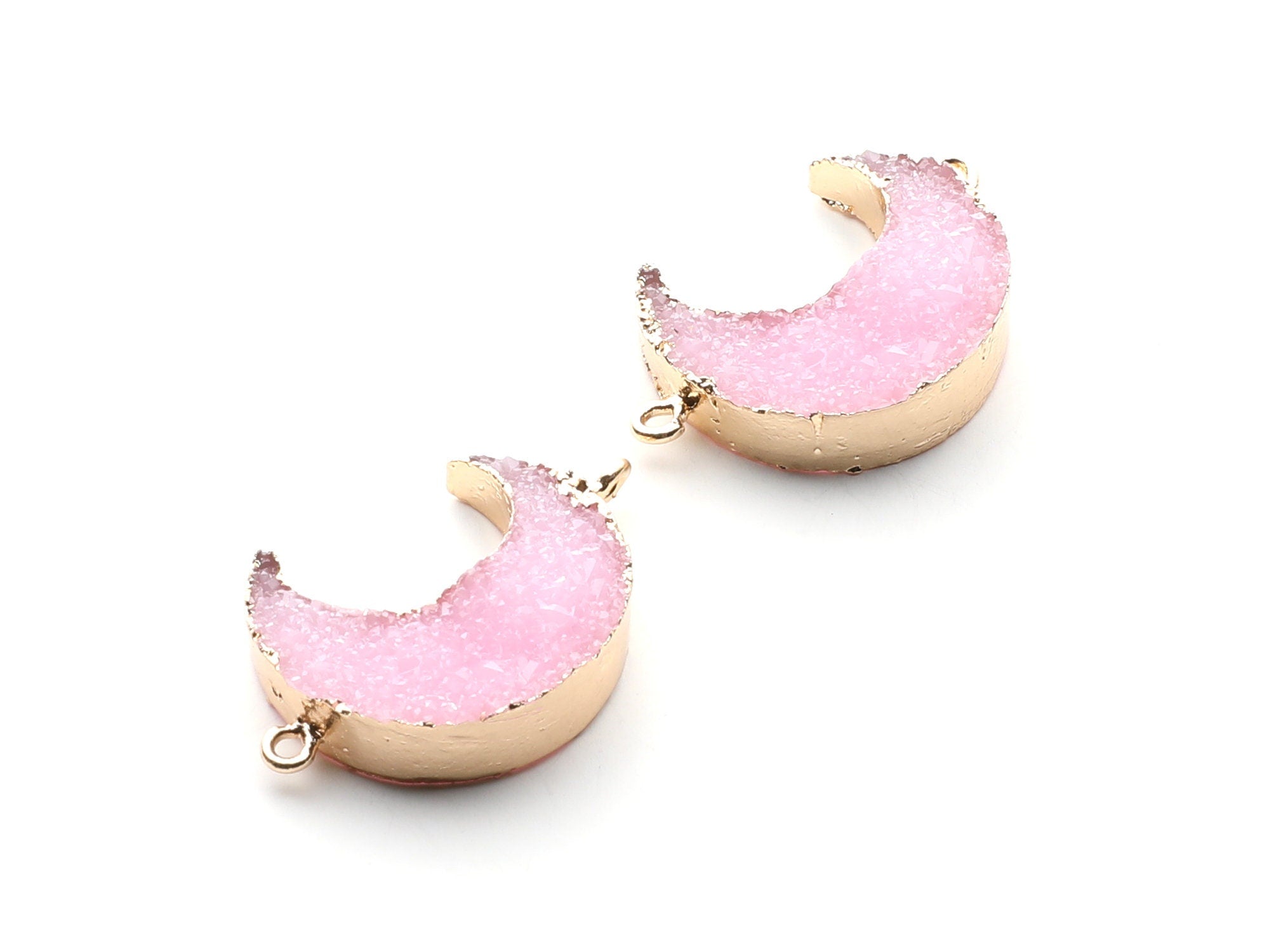 Druzy Bracelet and Necklace Charms - Light Pink Resin Copper Bracelet and Necklace - Big Moon Shaped Pendant - 34x23.4x8.5mm - RC1003A - DOMEDBAZAAR