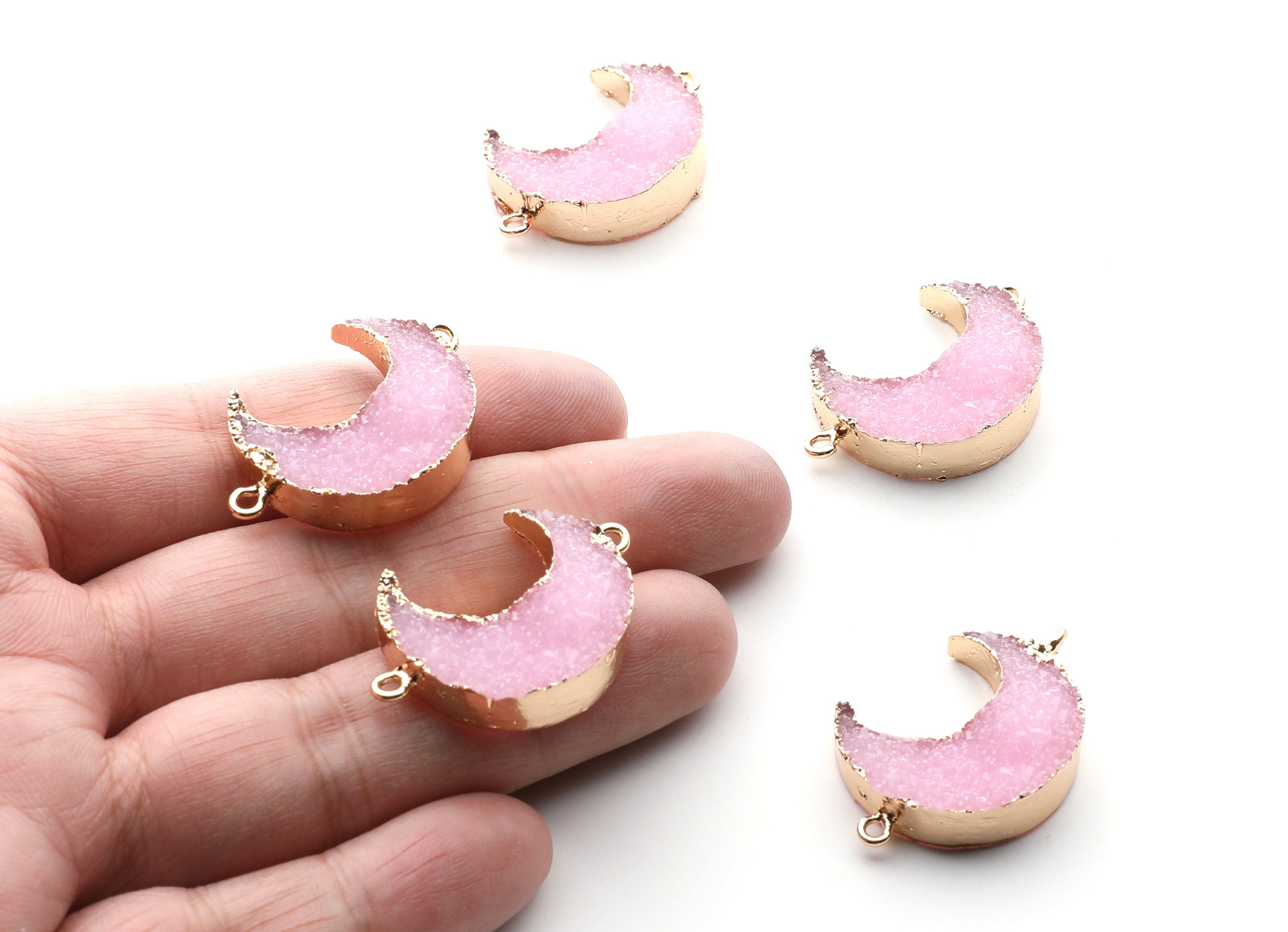 Druzy Bracelet and Necklace Charms - Light Pink Resin Copper Bracelet and Necklace - Big Moon Shaped Pendant - 34x23.4x8.5mm - RC1003A - DOMEDBAZAAR