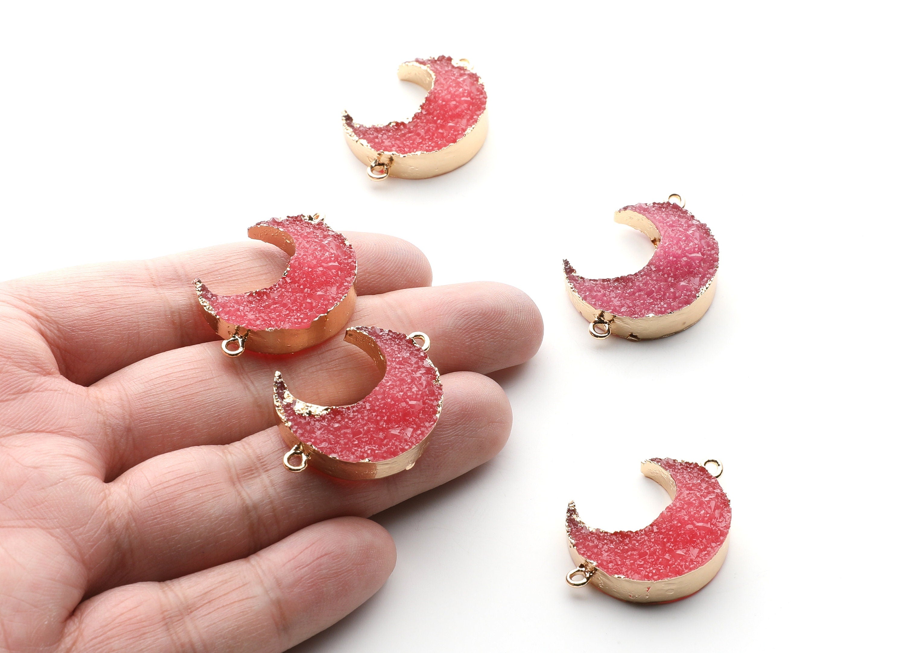 Druzy Bracelet and Necklace Charms - Dark Pink Resin Copper Bracelet and Necklace - Big Moon Shaped Pendant - 34x23.4x8.5mm - RC1003B - DOMEDBAZAAR