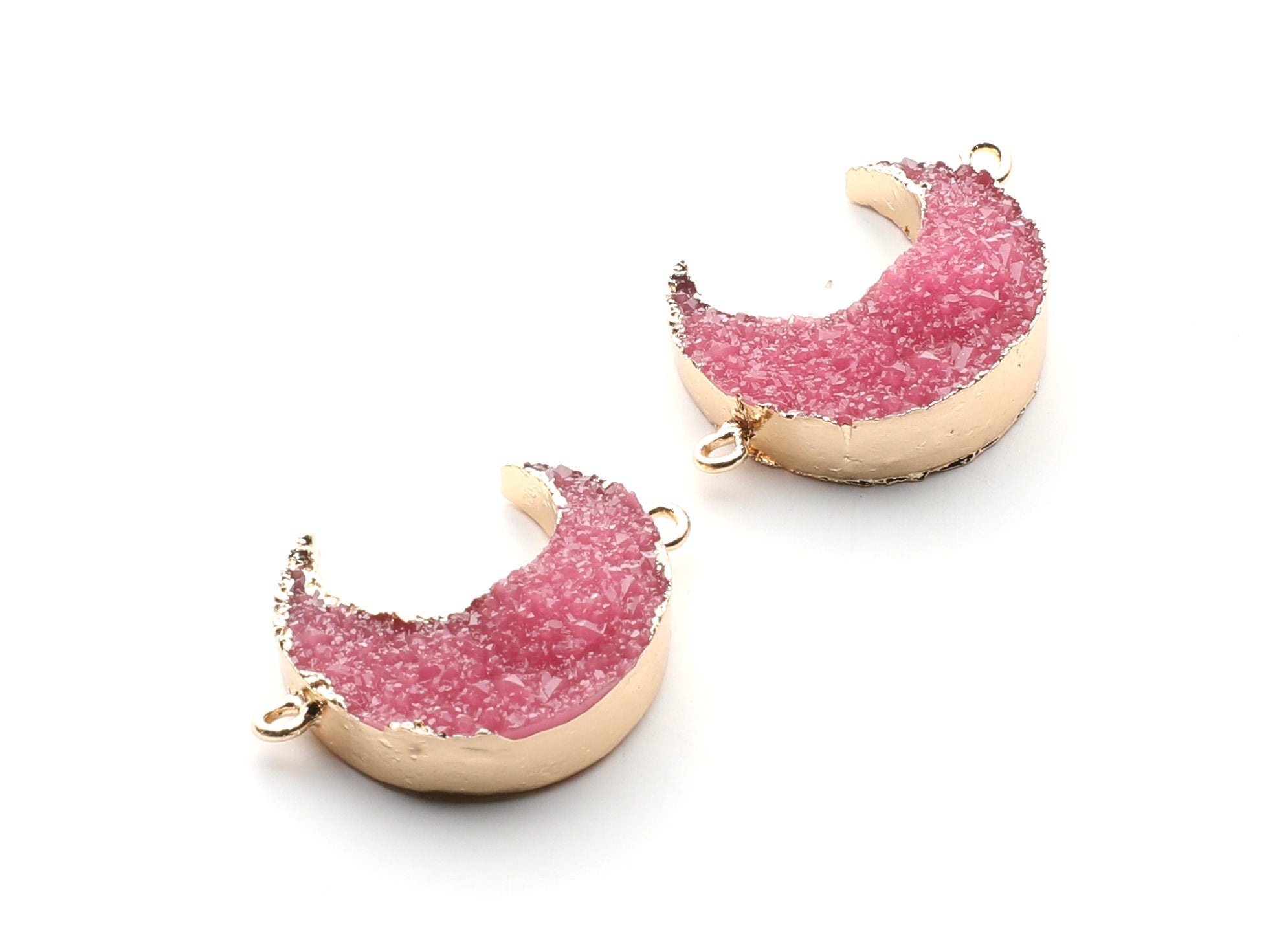 Druzy Bracelet and Necklace Charms - Dark Pink Resin Copper Bracelet and Necklace - Big Moon Shaped Pendant - 34x23.4x8.5mm - RC1003C - DOMEDBAZAAR