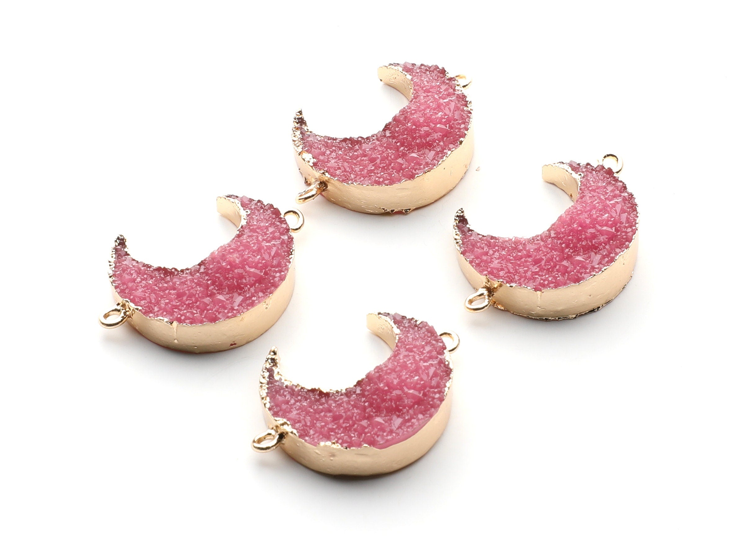 Druzy Bracelet and Necklace Charms - Dark Pink Resin Copper Bracelet and Necklace - Big Moon Shaped Pendant - 34x23.4x8.5mm - RC1003C - DOMEDBAZAAR