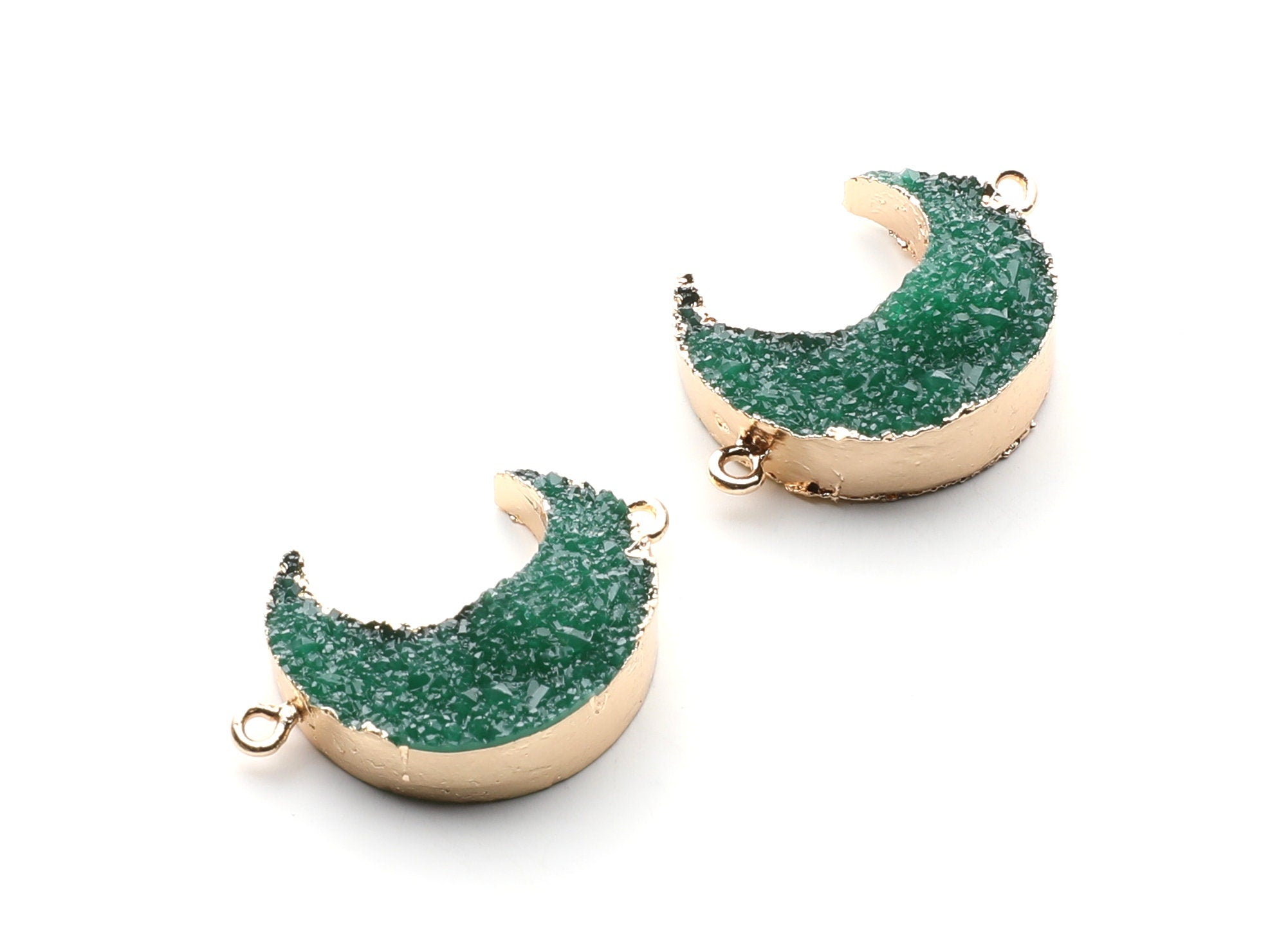 Druzy Bracelet and Necklace Charms - Dark Green Resin Copper Bracelet and Necklace - Big Moon Shaped Pendant - 34x23.4x8.5mm - RC1003D - DOMEDBAZAAR