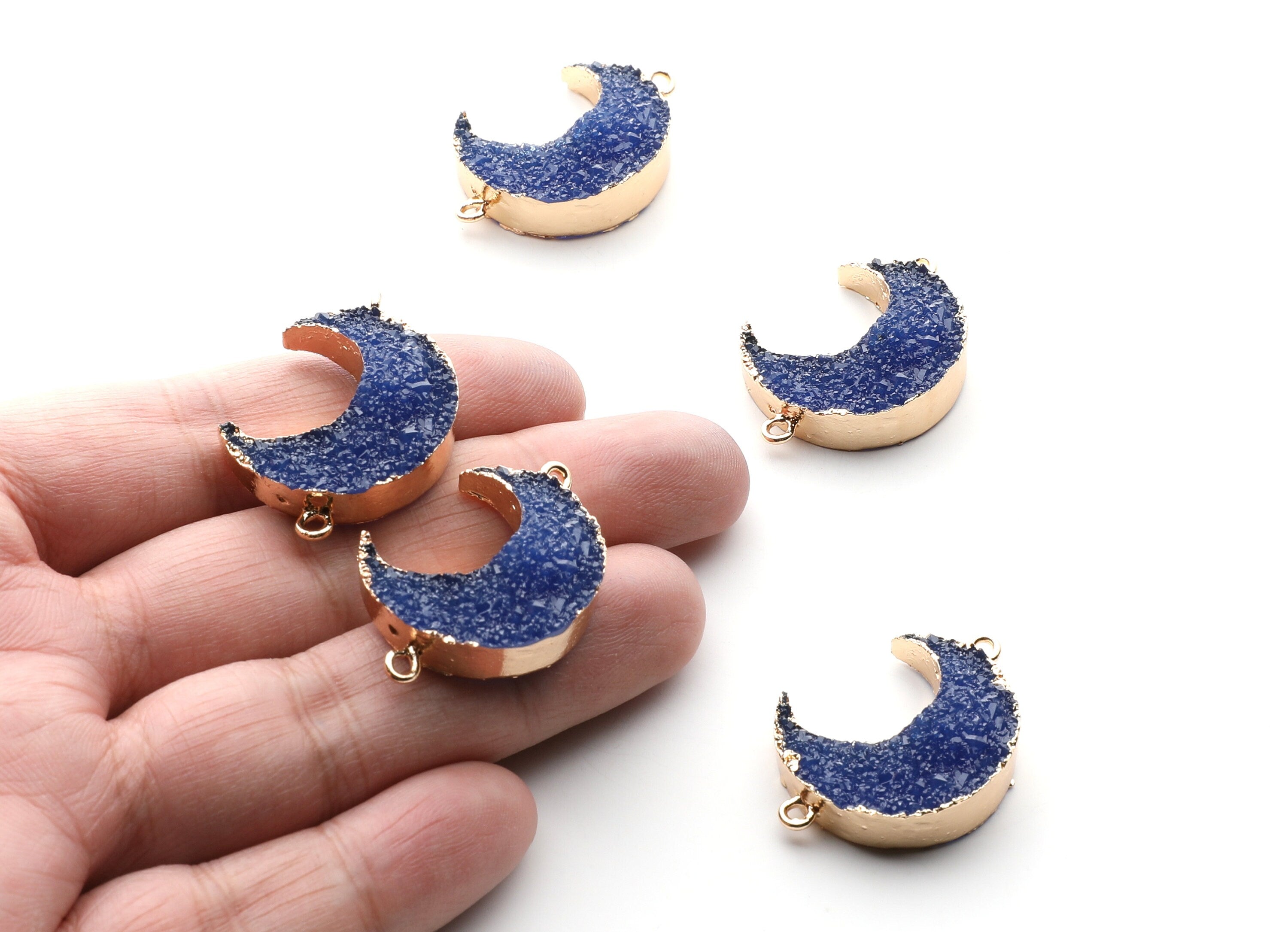 Druzy Bracelet and Necklace Charms - Dark Blue Resin Copper Bracelet and Necklace - Big Moon Shaped Pendant - 34x23.4x8.5mm - RC1003F - DOMEDBAZAAR