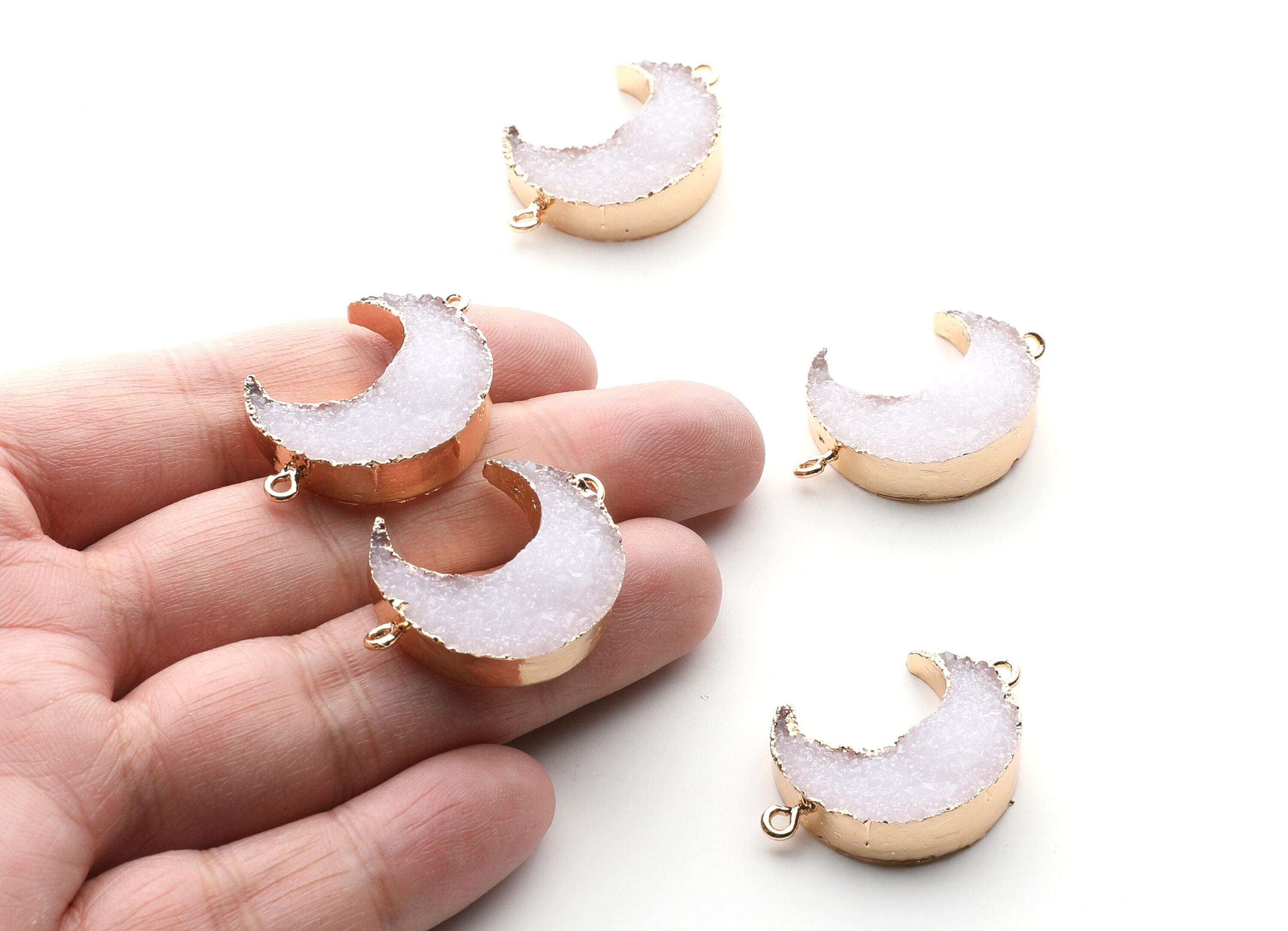 Druzy Bracelet and Necklace Charms - White Resin Copper Bracelet and Necklace - Big Moon Shaped Pendant - 34x23.4x8.5mm - RC1003G - DOMEDBAZAAR