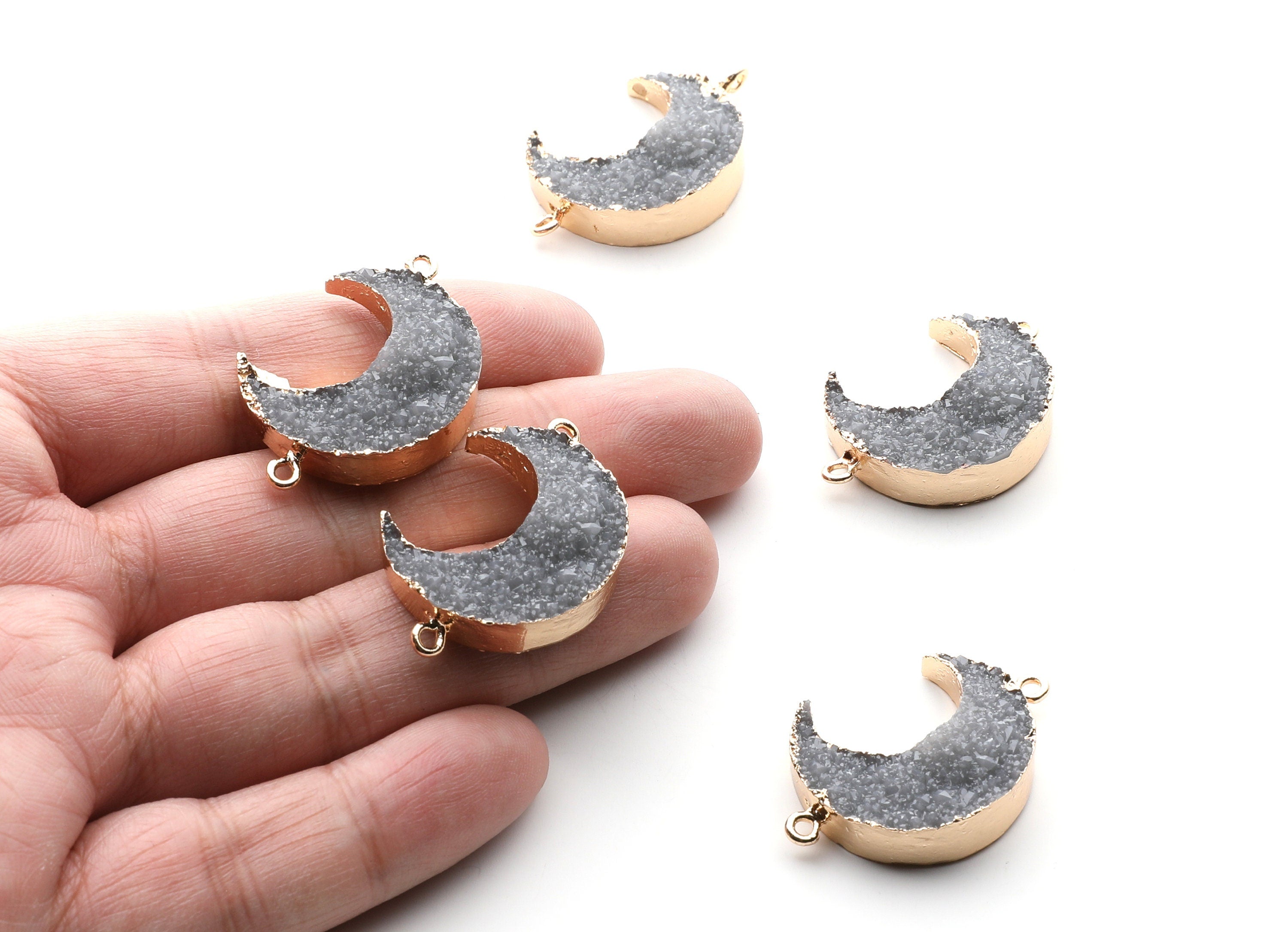 Druzy Bracelet and Necklace Charms - Gray Resin Copper Bracelet and Necklace - Big Moon Shaped Pendant - 34x23.4x8.5mm - RC1003N - DOMEDBAZAAR