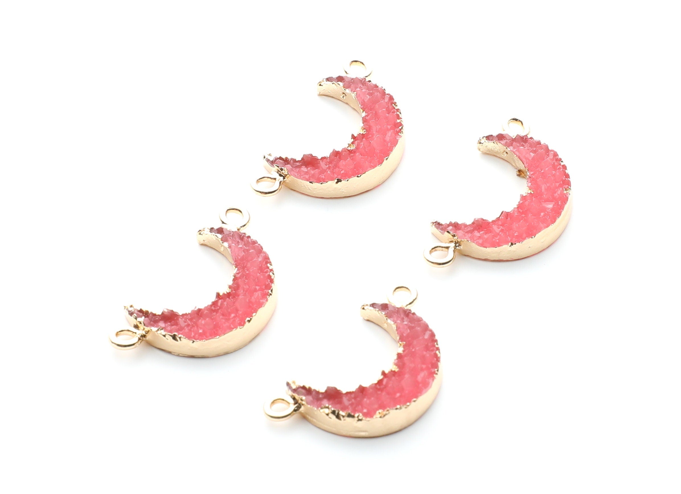 Druzy Bracelet and Necklace Charms - Dark Pink Resin Copper Bracelet and Necklace - Moon Shaped Pendant - 26.5x15.5x4.77mm - RC1005B - DOMEDBAZAAR