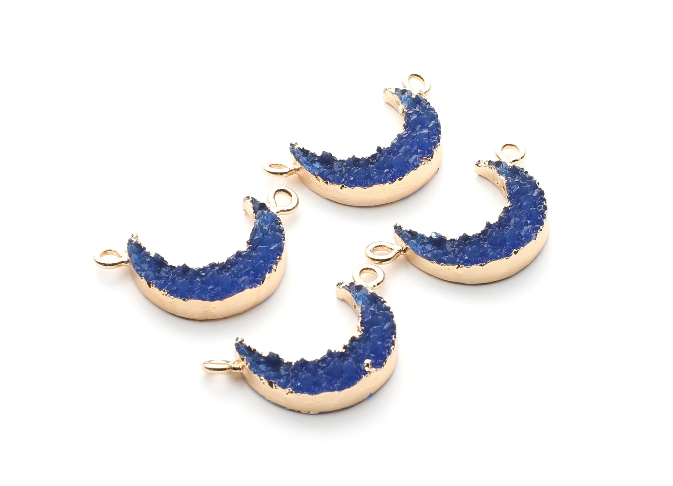 Druzy Bracelet and Necklace Charms - Dark Blue Resin Copper Bracelet and Necklace - Moon Shaped Pendant - 26.5x15.5x4.77mm - RC1005C - DOMEDBAZAAR