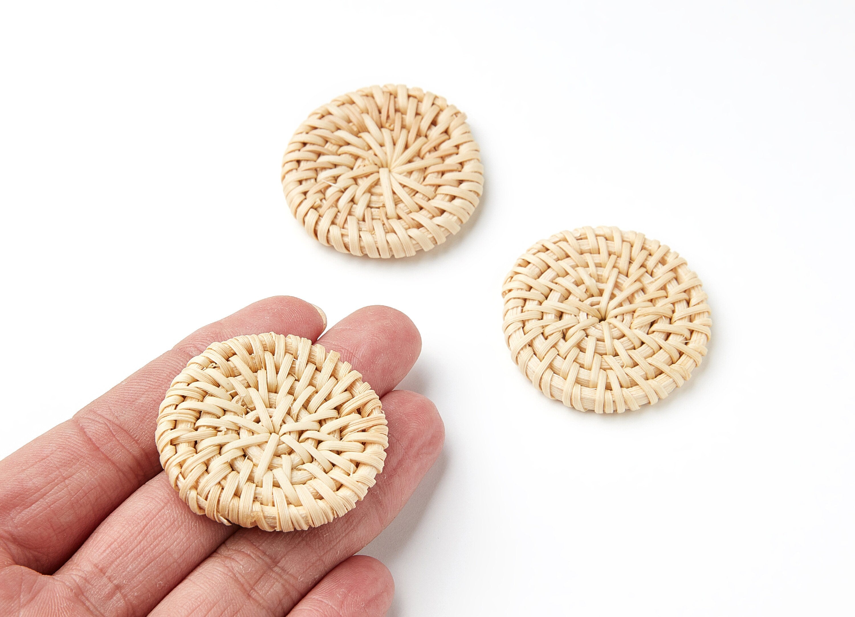 Handwoven Rattan Earrings - Coin Shaped Rattan Pendant - Wooden Straw Earring - Jewelery Handmade - 42.72x42.72x5.23mm - RT1016 - DOMEDBAZAAR