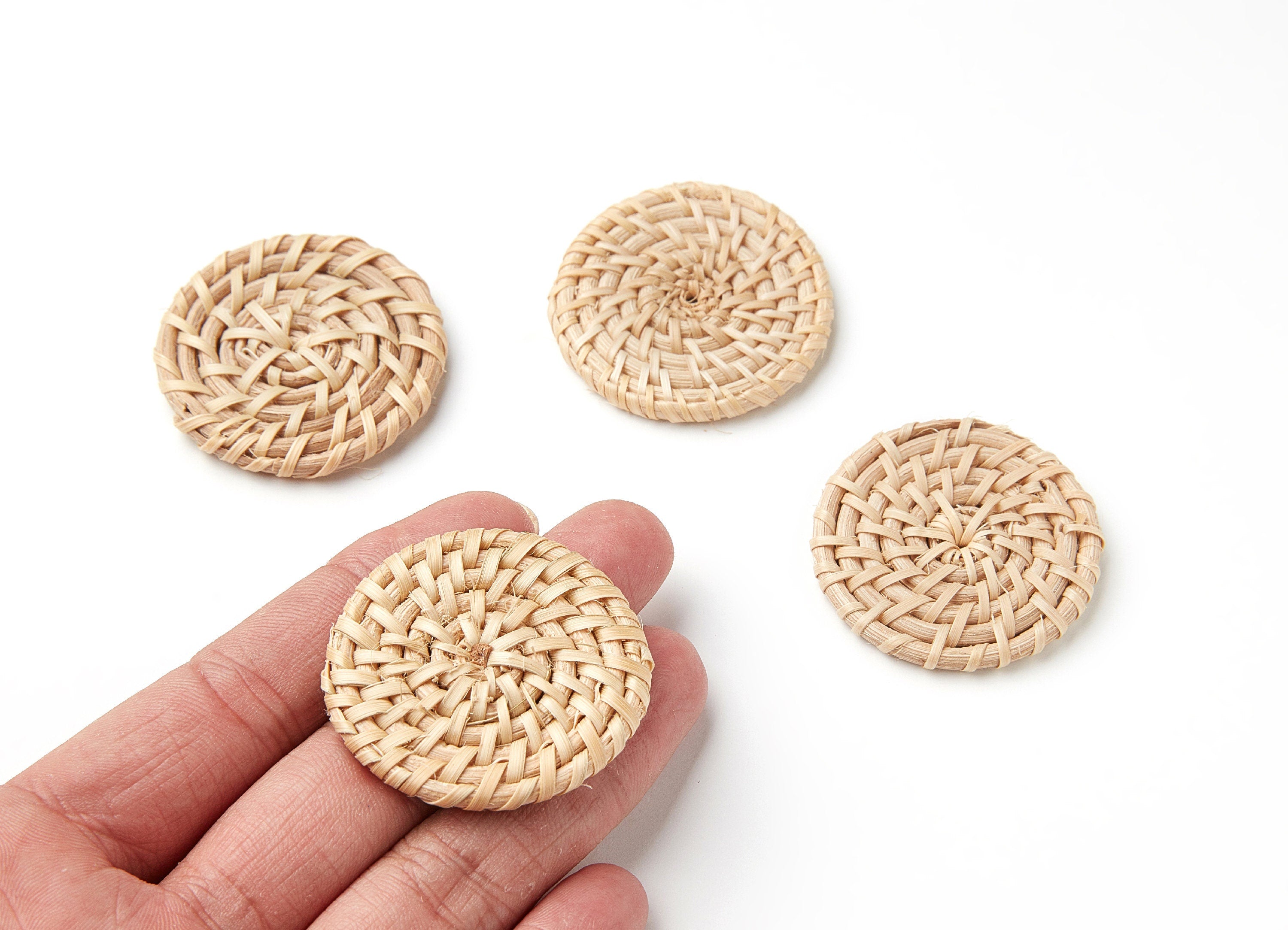 Handwoven Rattan Earrings - Coin Shaped Rattan Pendant - Wooden Straw Earring - Jewelery Handmade - 40.4x40.4x4.18mm - RT1029 - DOMEDBAZAAR