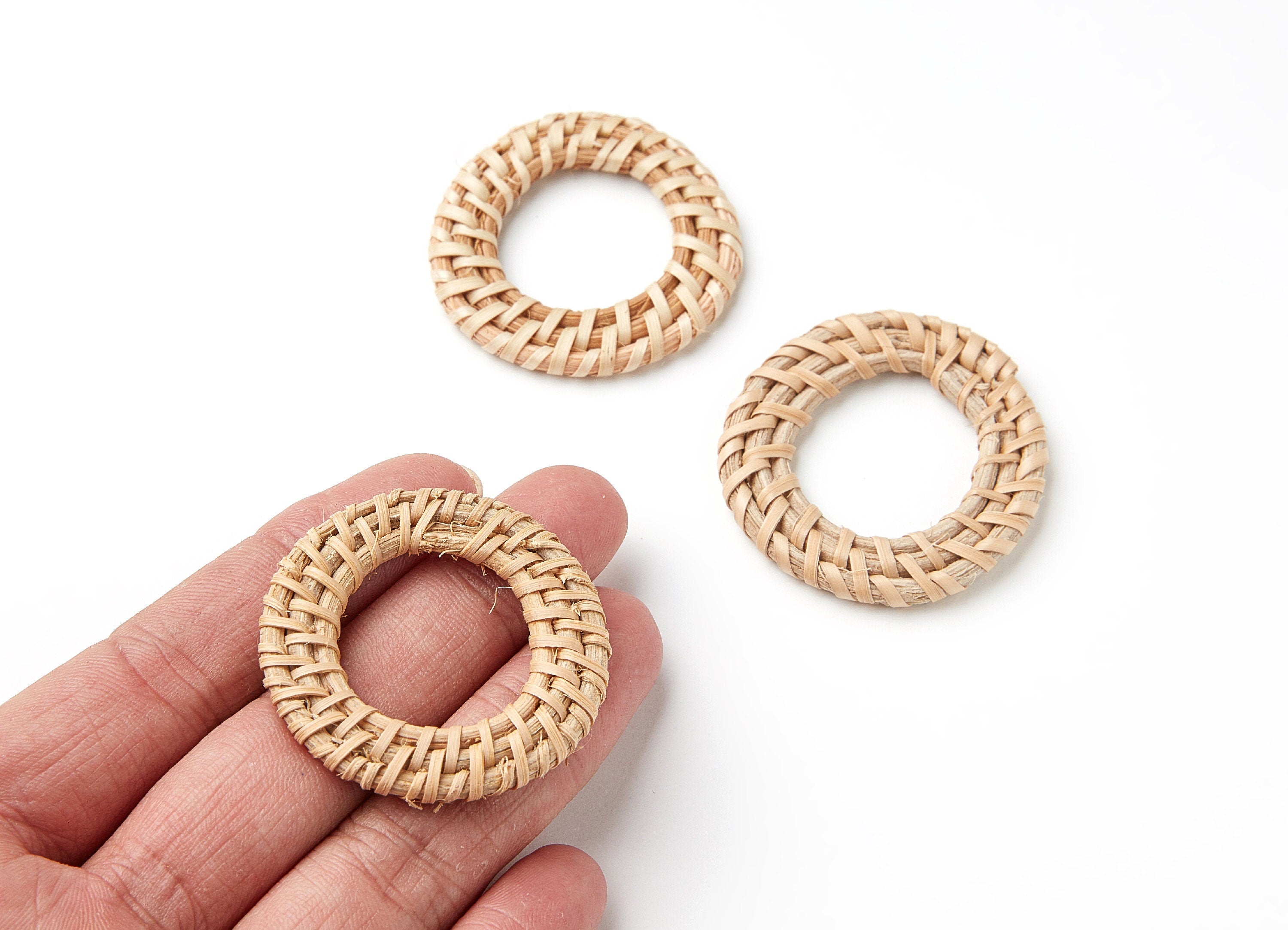 Handwoven Rattan Earrings - Round Shaped Rattan Pendant - Wooden Straw Earring - Jewelery Handmade - 41.2x41.2x3.9mm - RT1026 - DOMEDBAZAAR