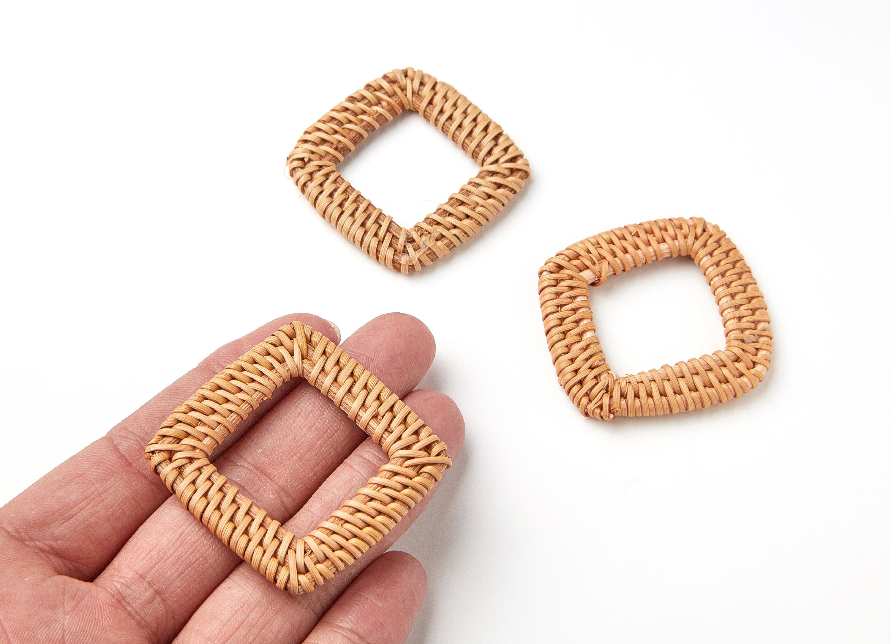 Handwoven Rattan Earrings - Rectangle Shaped Rattan Pendant - Wooden Straw Earring - Jewelery Handmade - 58x46x4.2mm - RT1062 - DOMEDBAZAAR