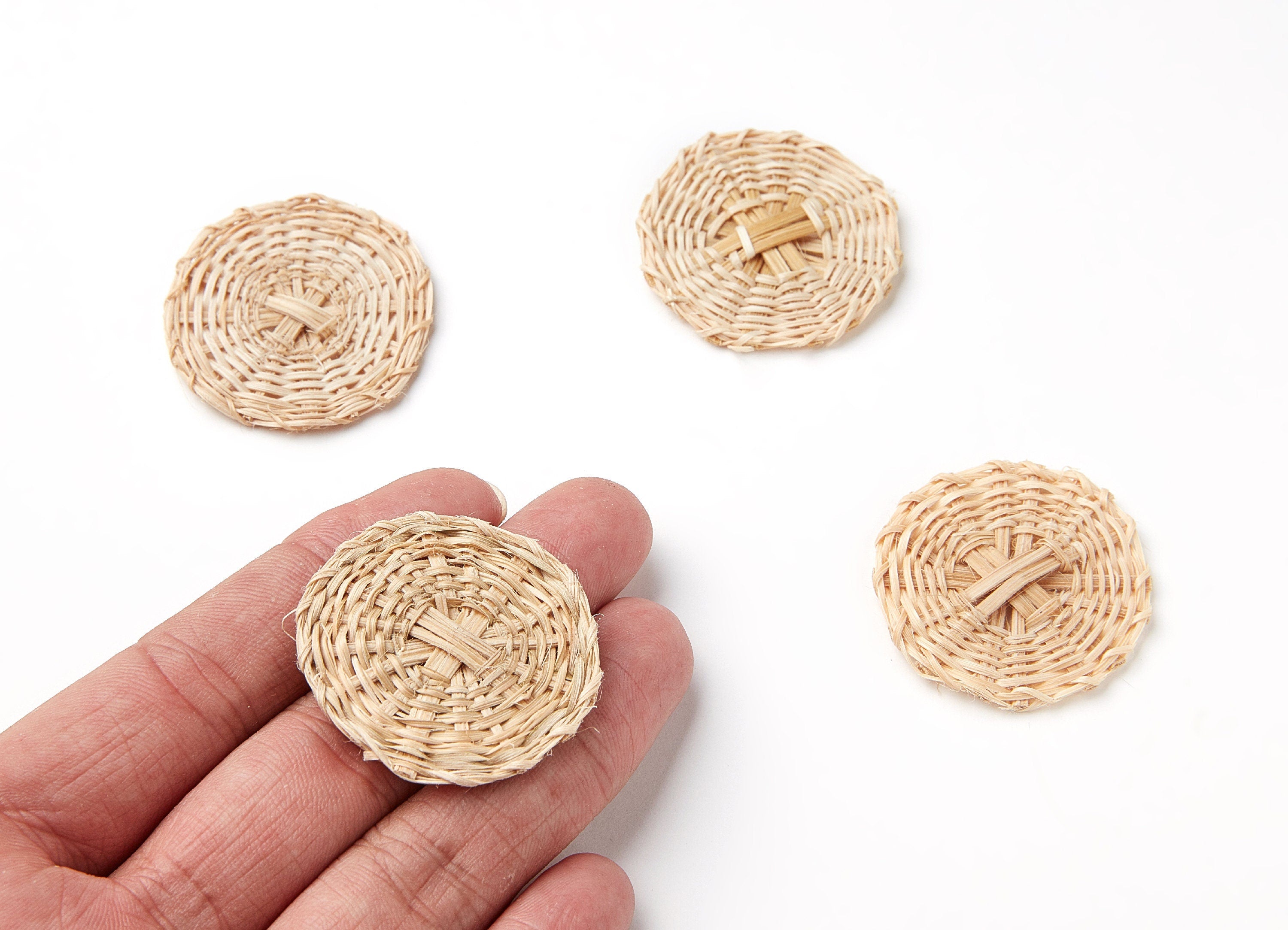 Handwoven Rattan Earrings - Coin Shaped Rattan Pendant - Wooden Straw Earring - Jewelery Handmade - 36.2x36.2x3.1mm - RT1058 - DOMEDBAZAAR