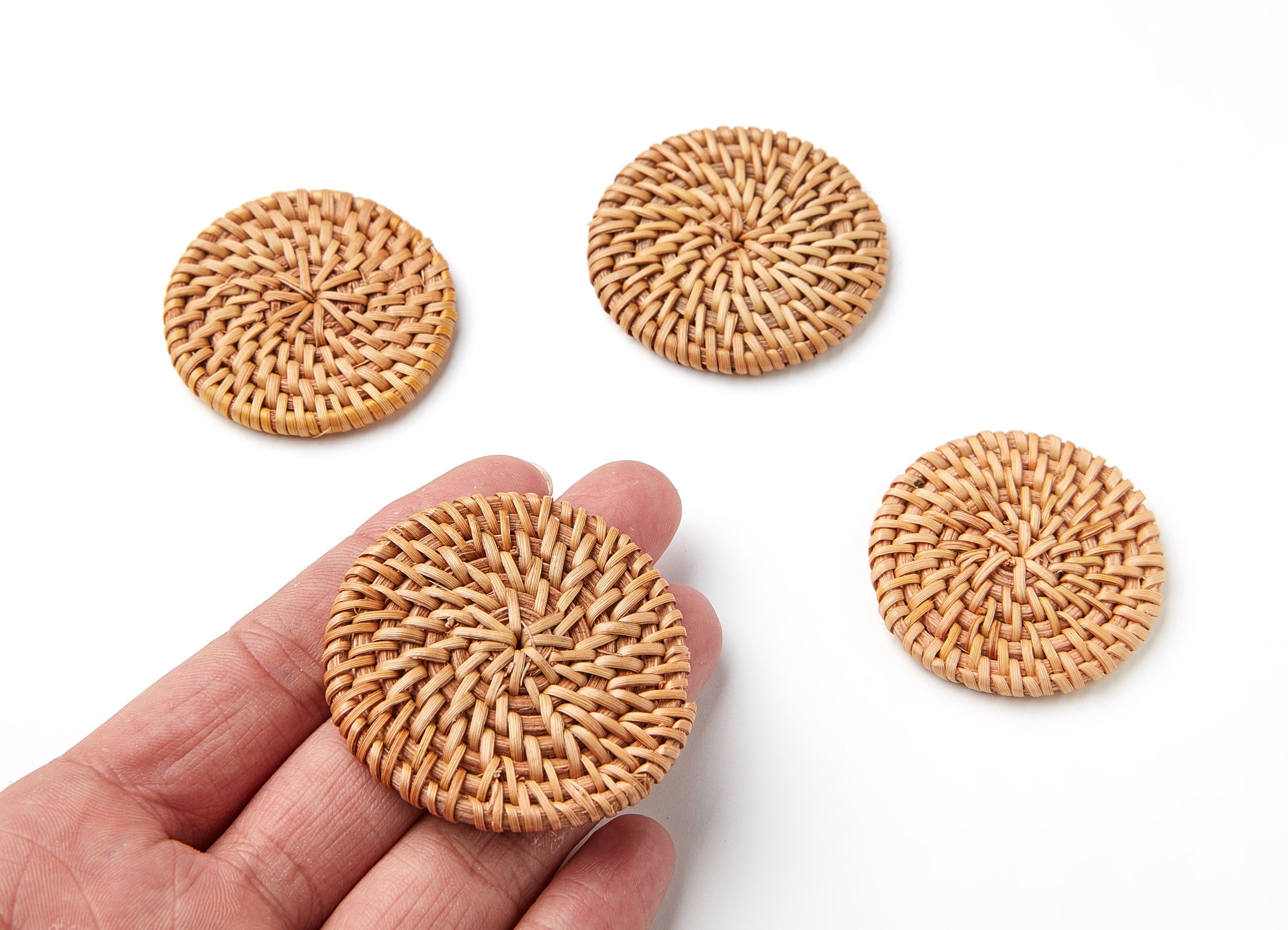 Handwoven Rattan Earrings - Coin Shaped Rattan Pendant - Wooden Straw Earring - Jewelery Handmade - 42.8x42.8x5.16mm - RT1055 - DOMEDBAZAAR