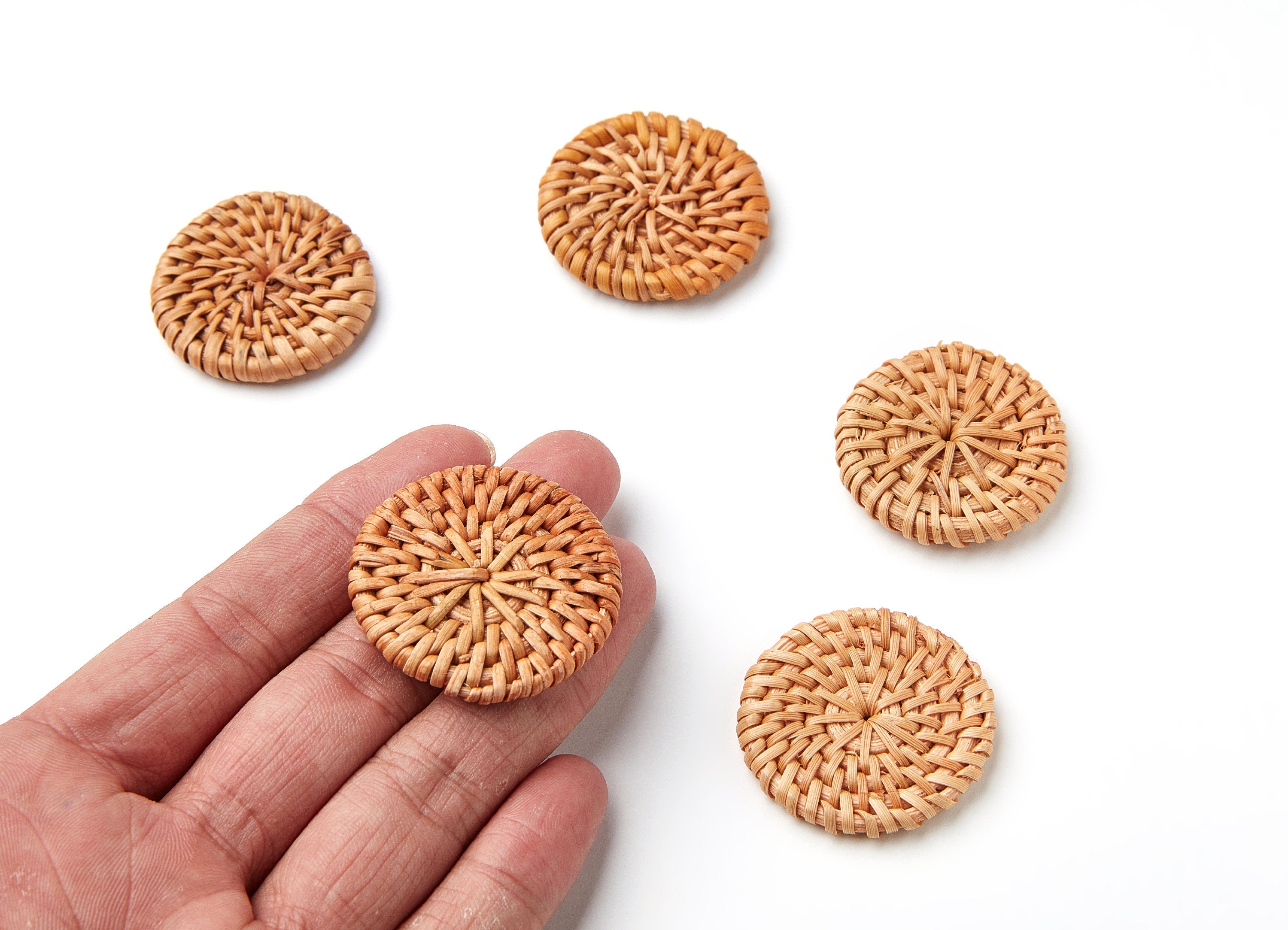 Handwoven Rattan Earrings - Coin Shaped Rattan Pendant - Wooden Straw Earring - Jewelery Handmade - 35.89x35.89x5.35mm - RT1050 - DOMEDBAZAAR