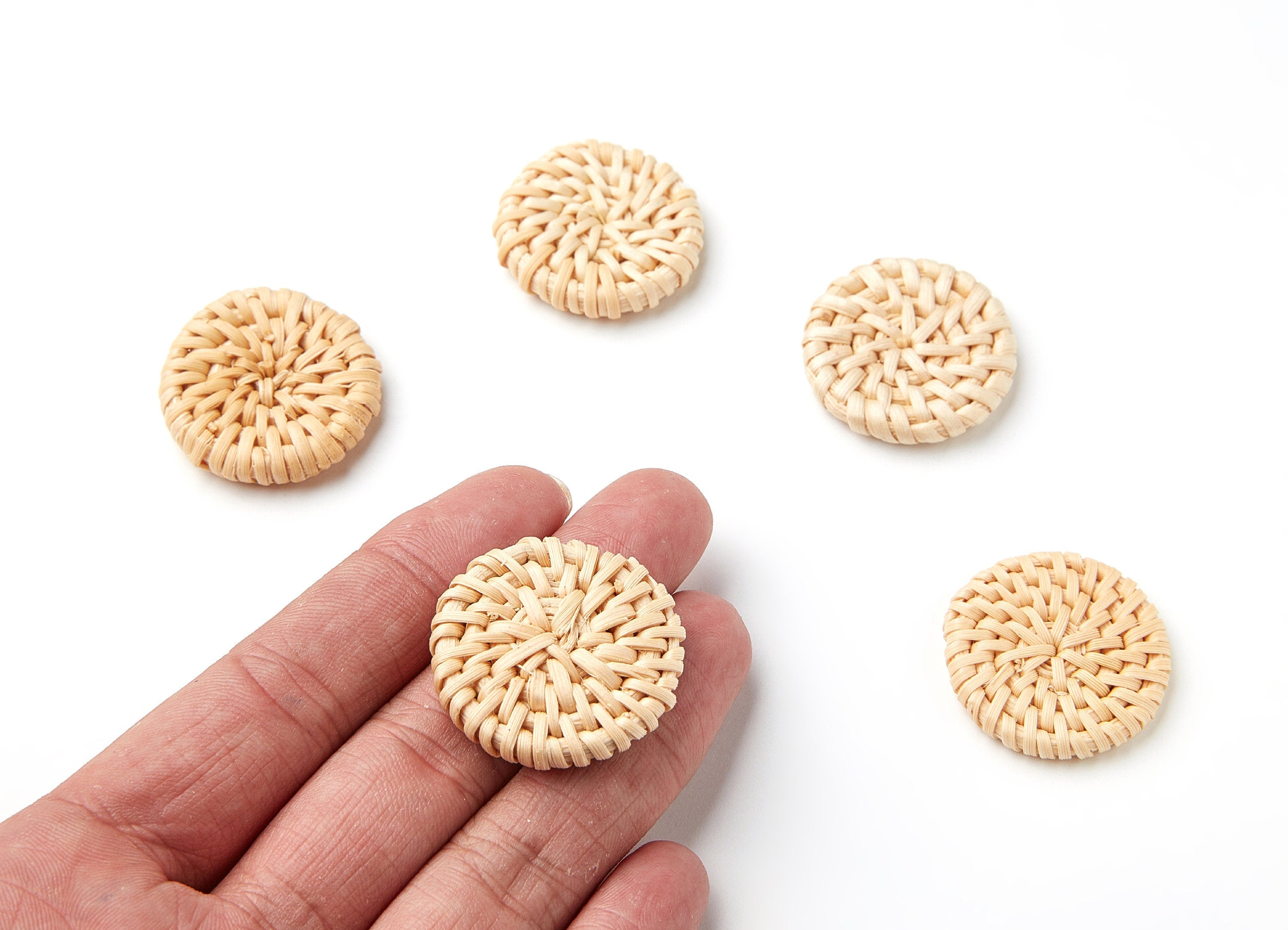 Handwoven Rattan Earrings - Coin Shaped Rattan Pendant - Wooden Straw Earring - Jewelery Handmade - 32.7x32.7x5.8mm - RT1051 - DOMEDBAZAAR