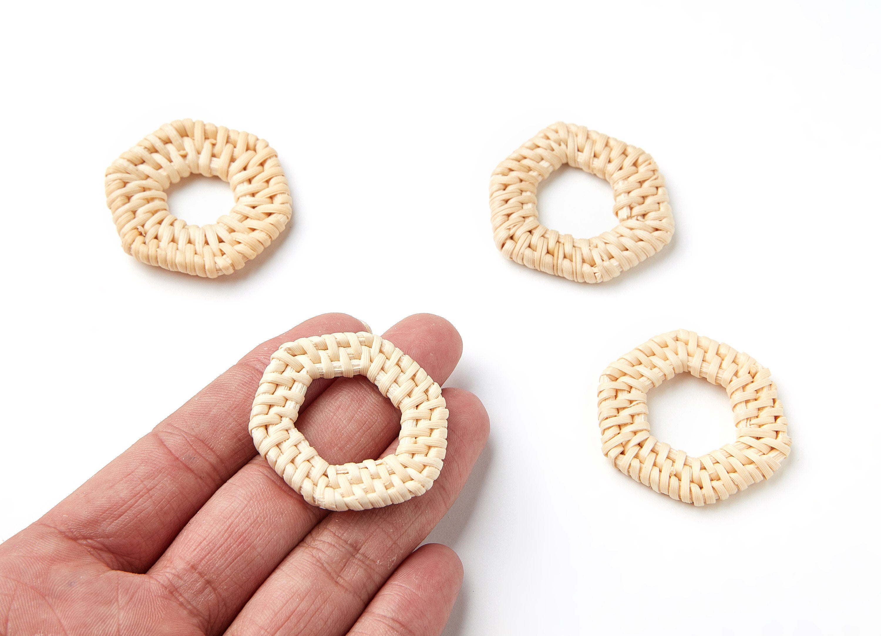 Handwoven Rattan Earrings - Hexagon Shaped Rattan Pendant - Wooden Straw Earring - Jewelery Handmade - 39.45x39.45x4.44mm - RT1056 - DOMEDBAZAAR