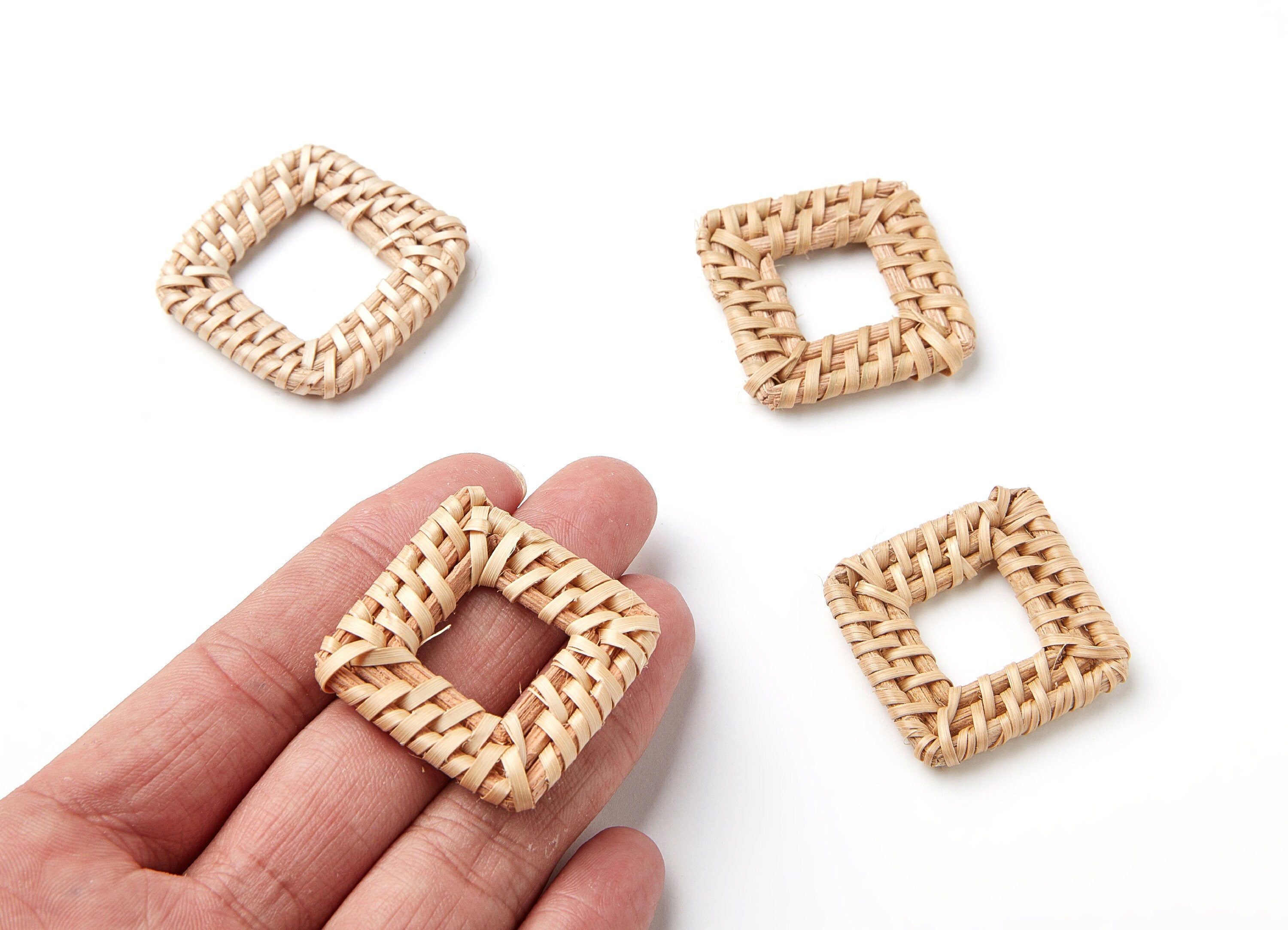 Handwoven Rattan Earrings - Square Shaped Rattan Pendant - Wooden Straw Earring - Jewelery Handmade - 43.4x34.05x4.3mm - RT1034 - DOMEDBAZAAR