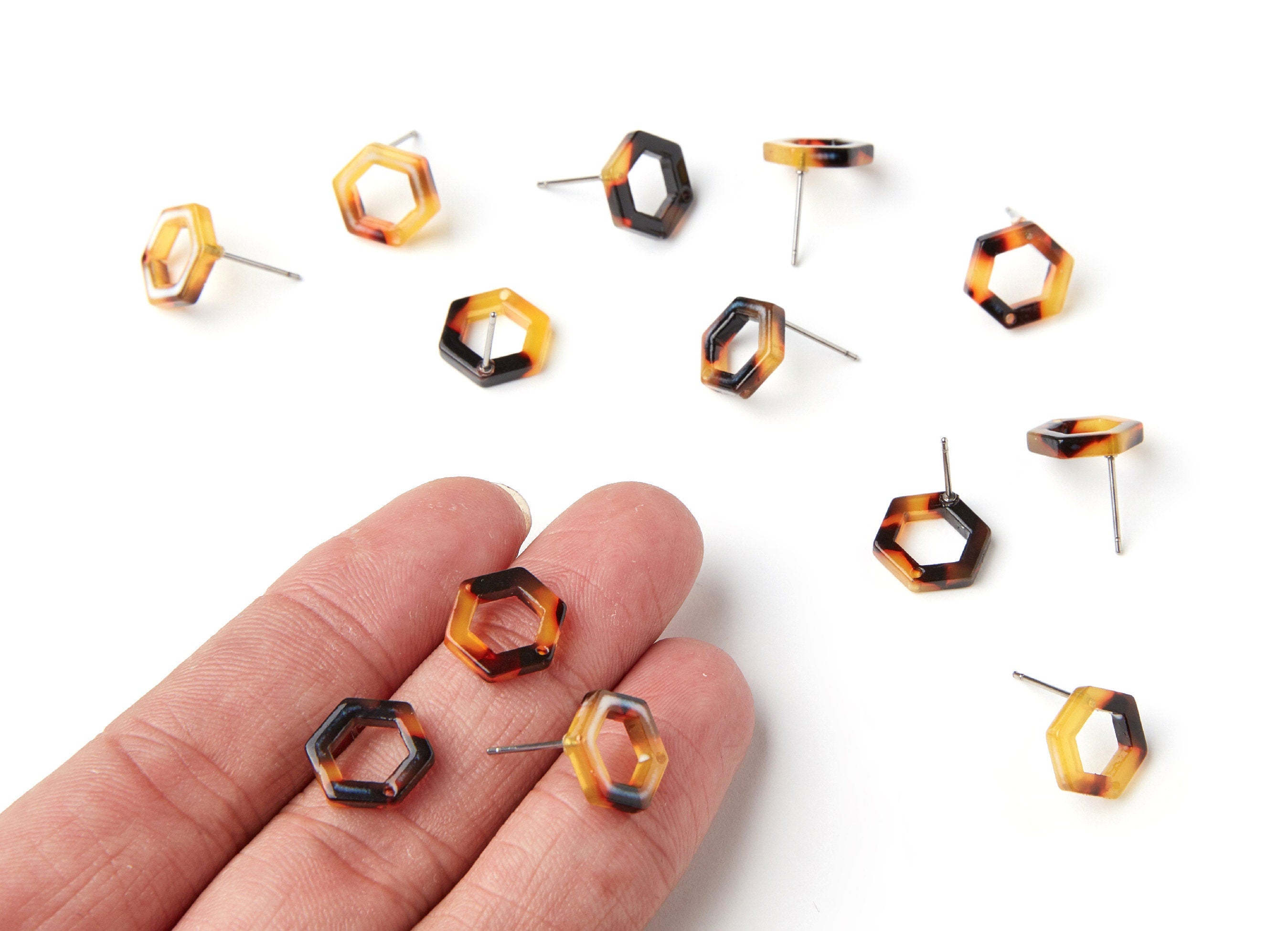 Acetate Acrylic Earring Stud - Tortoise Shell Earring - Hexagon Post - Jewelry Making Supplies - Color Code: A02 - 13.18x11.4x2.6mm- AC1226C - DOMEDBAZAAR