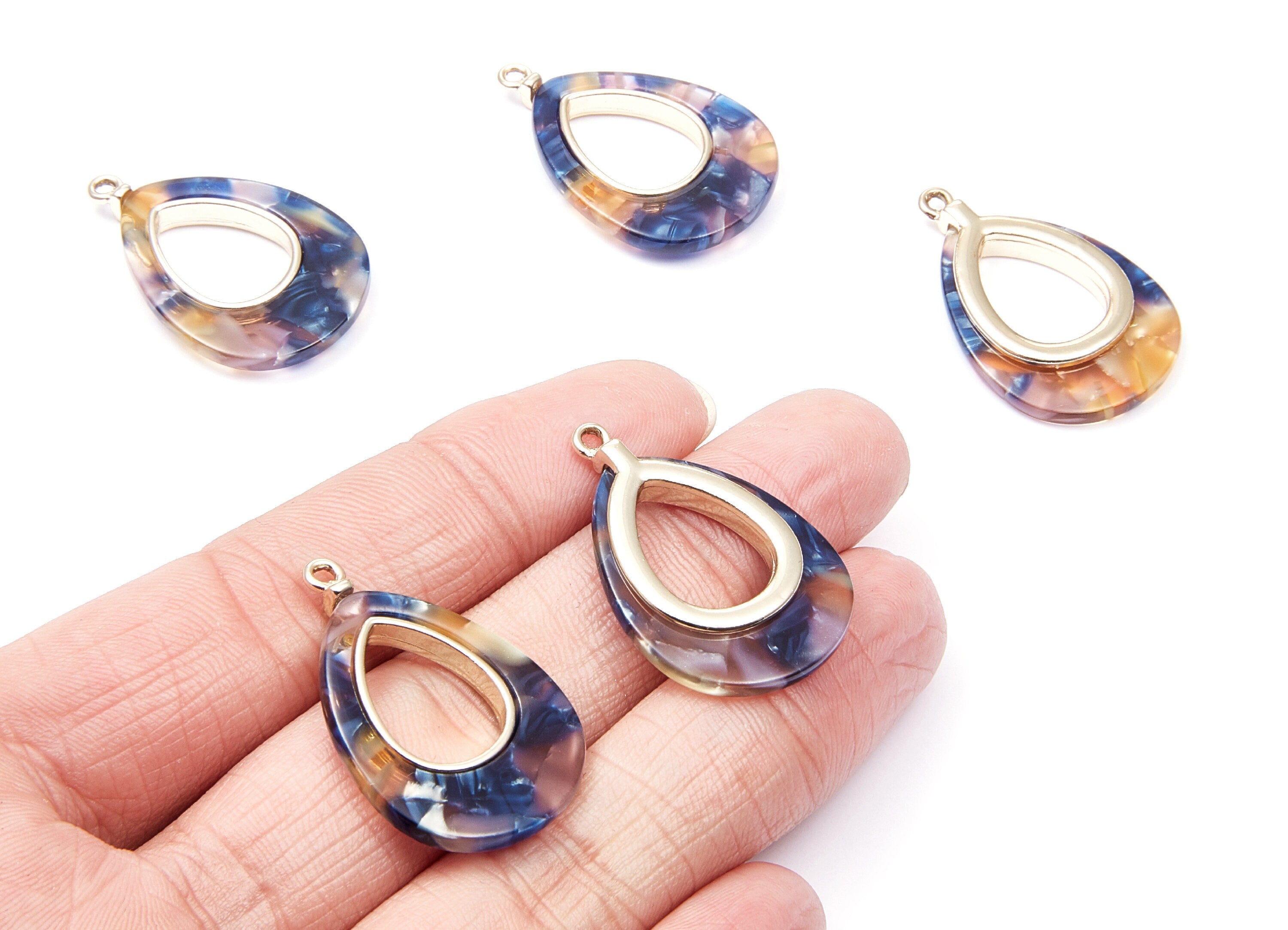 Alloy Frame Cellulose Acetate Charms - Acetate Acrylic Earring Charms - Marquise Shaped Pendant - 33.1x21.39x3.8mm - AC1182A - DOMEDBAZAAR